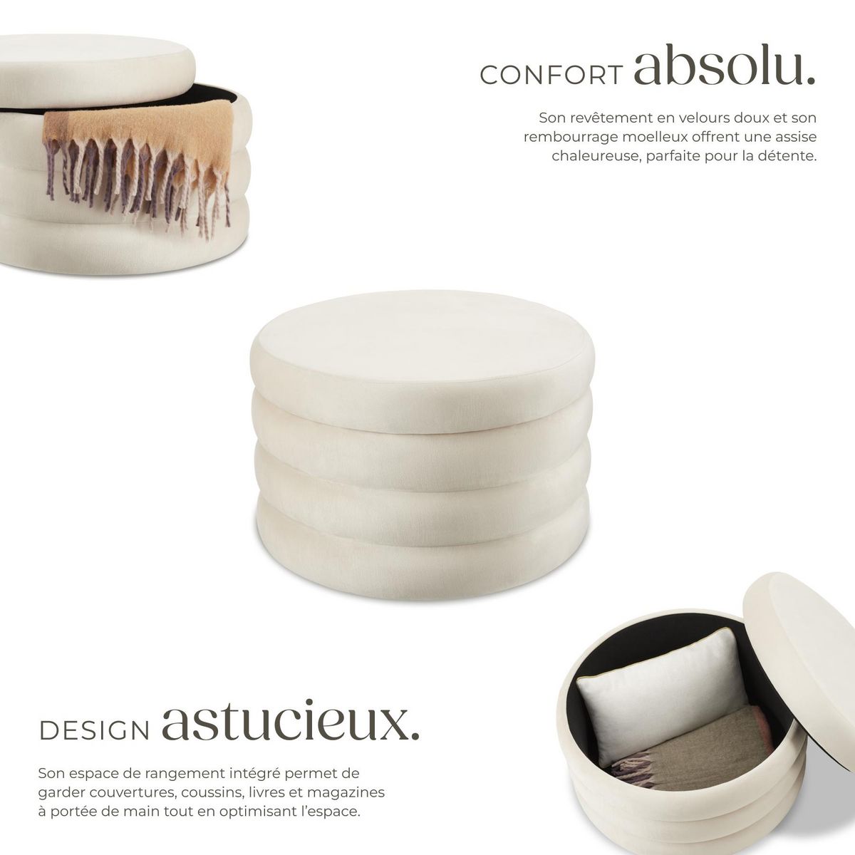 tectake Tabouret avec espace de rangement rond Aspect velours crème/ blanc