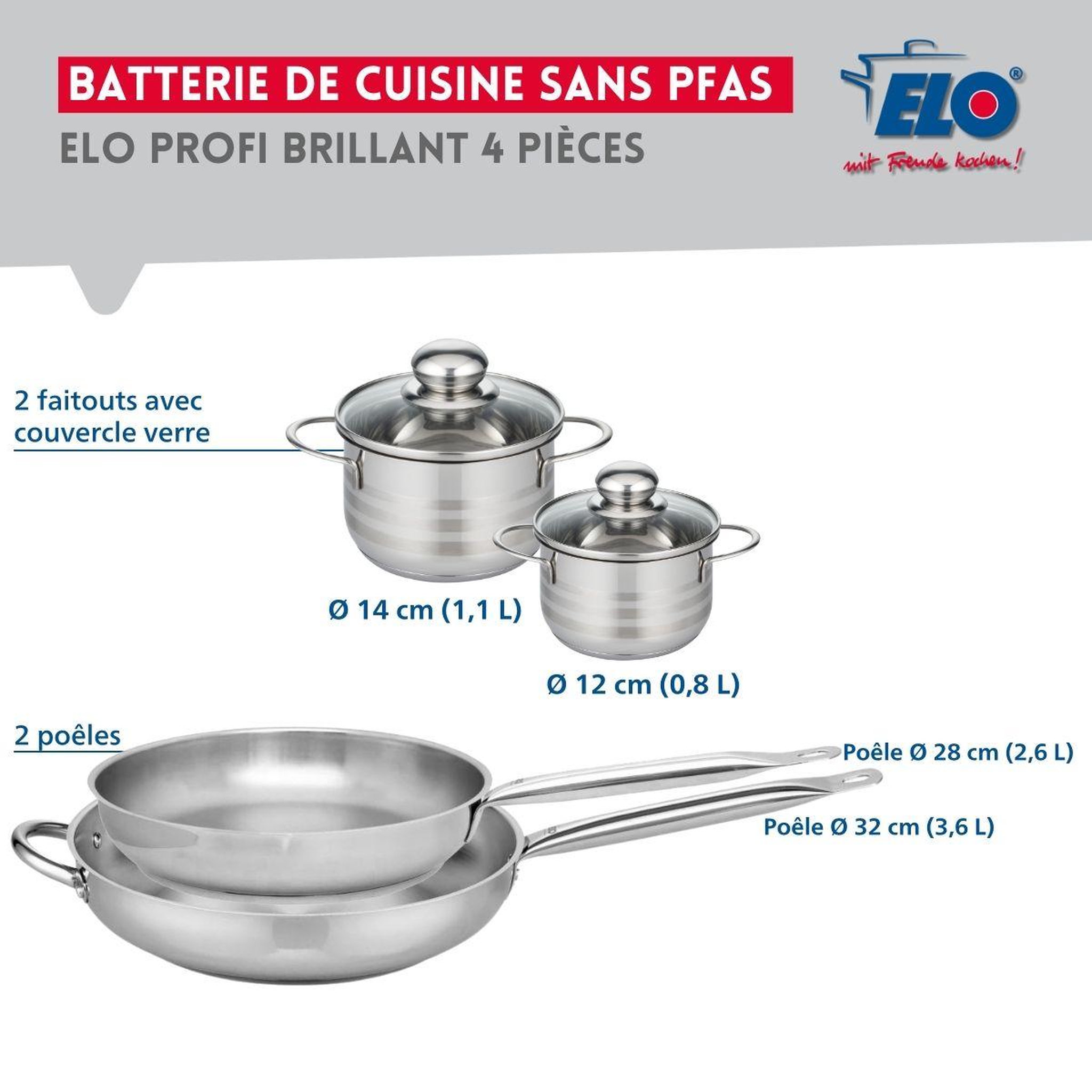 Voir la diapositive 2 : ELO Ensemble de 2 poêles de cuisson 28 et 32 cm et 2 faitouts 12 et 14 cm elo profi brillant