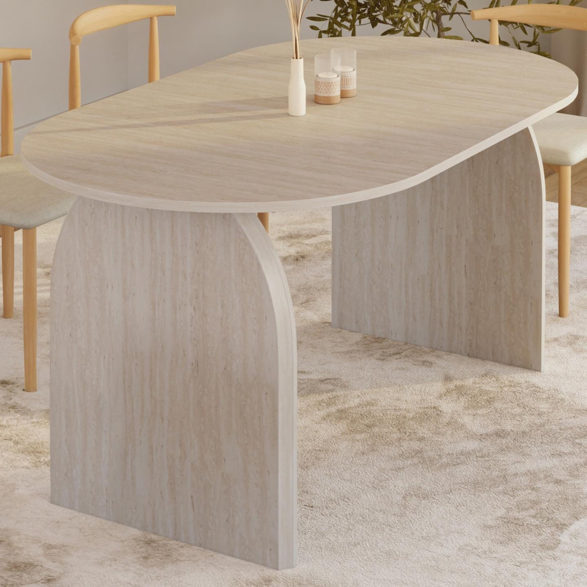 Voir la diapositive 4 : ID MARKET Table à manger extensible japandi ovale edith 6-10 personnes façon travertin 160-200 cm
