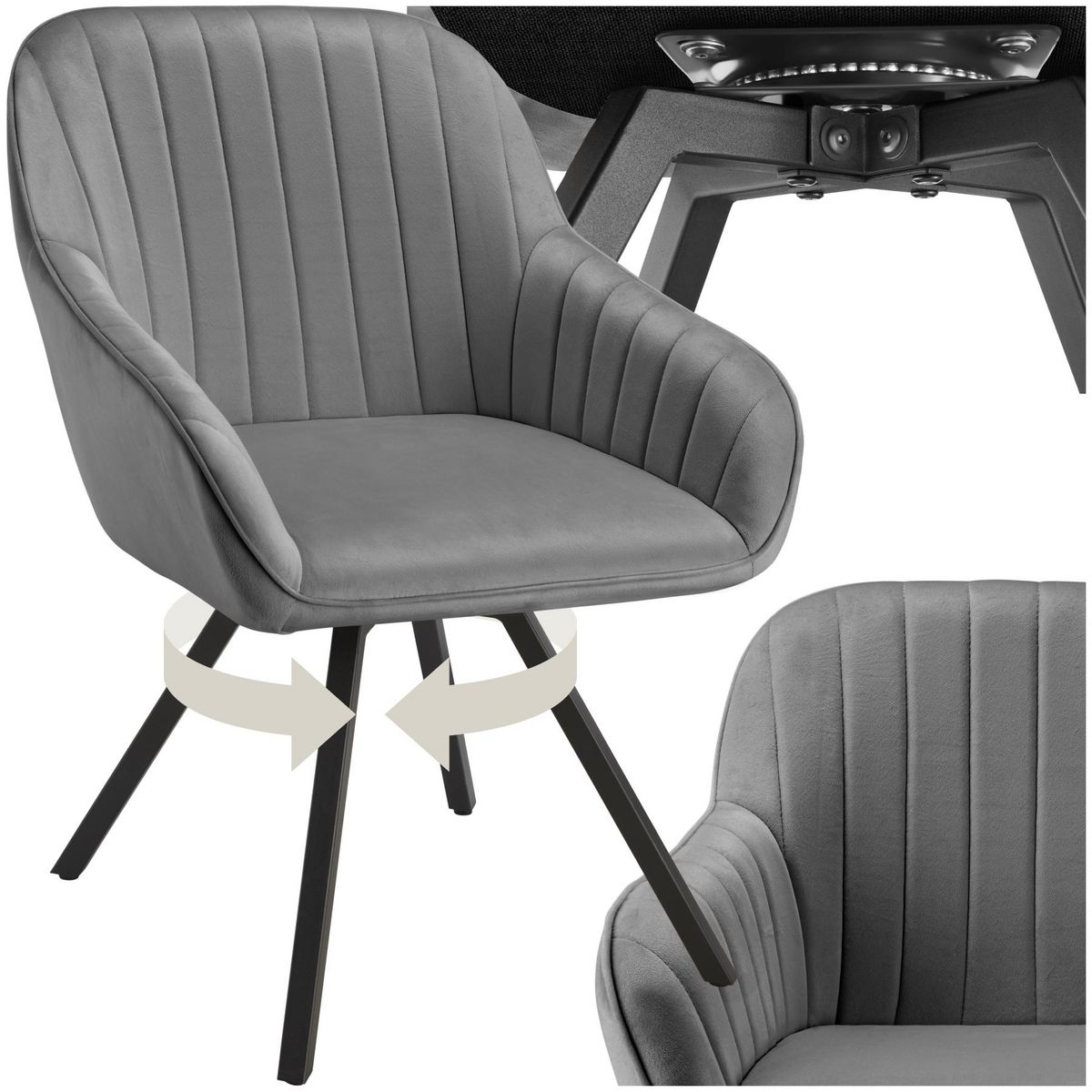 tectake Chaise pivotante avec accoudoirs rembourrée aspect velours gris