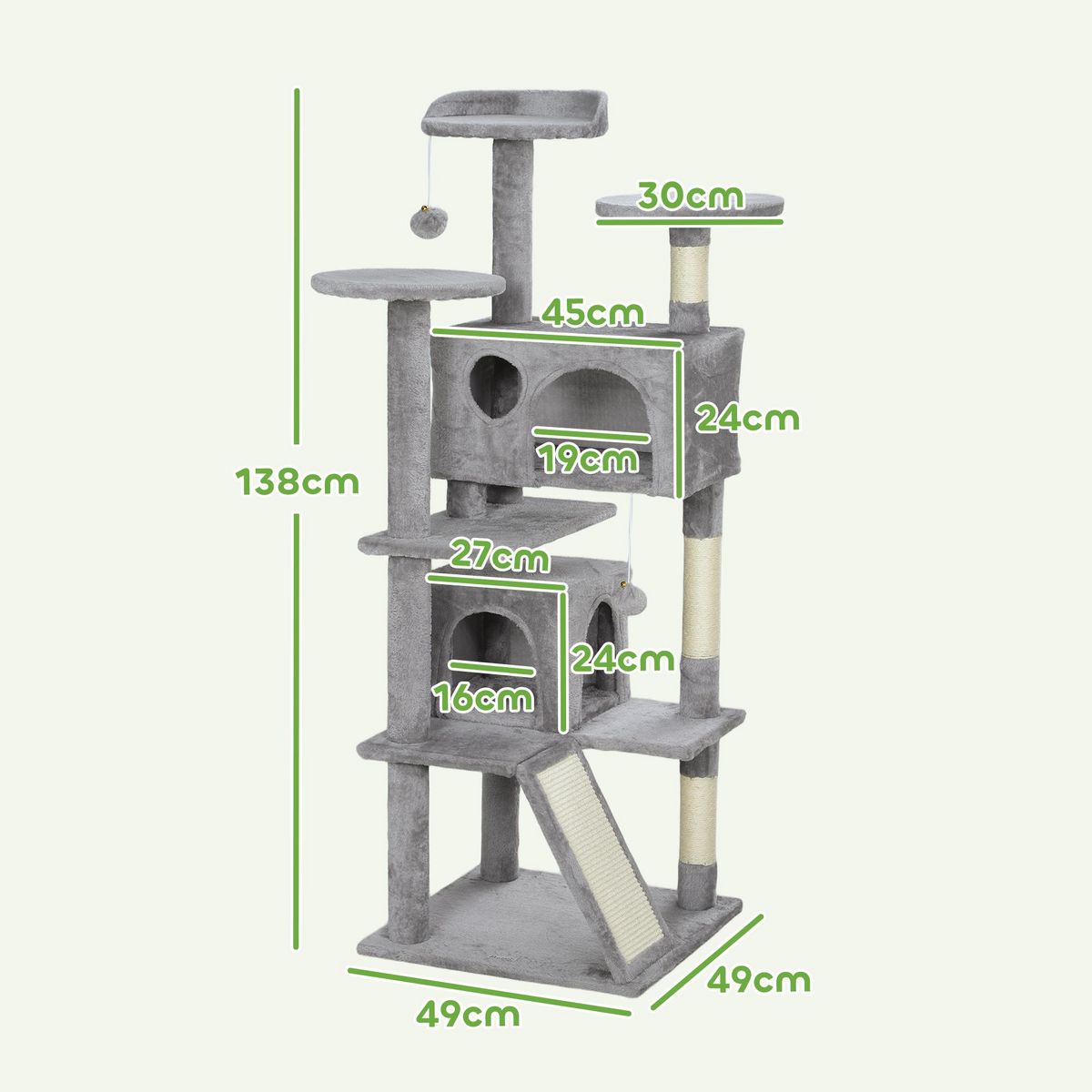 PAWHUT Arbre à chat 2 niches grattoir griffoirs plate-formes 2 niches 2 jouets pompons peluche grise