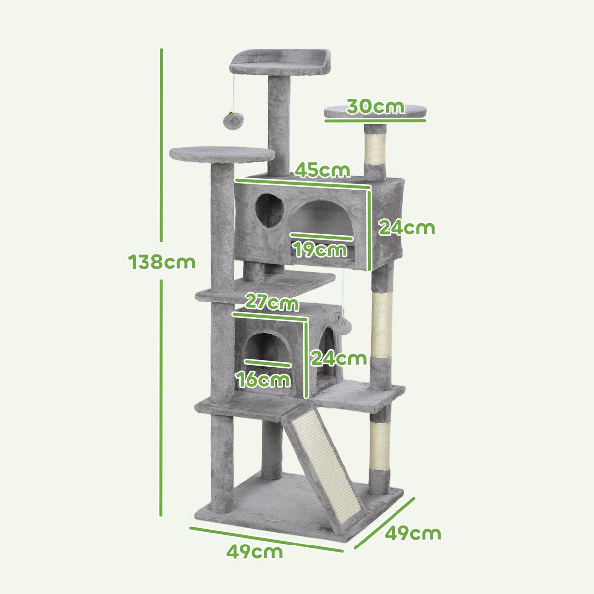PAWHUT Arbre à chat 2 niches grattoir griffoirs plate-formes 2 niches 2 jouets pompons peluche grise