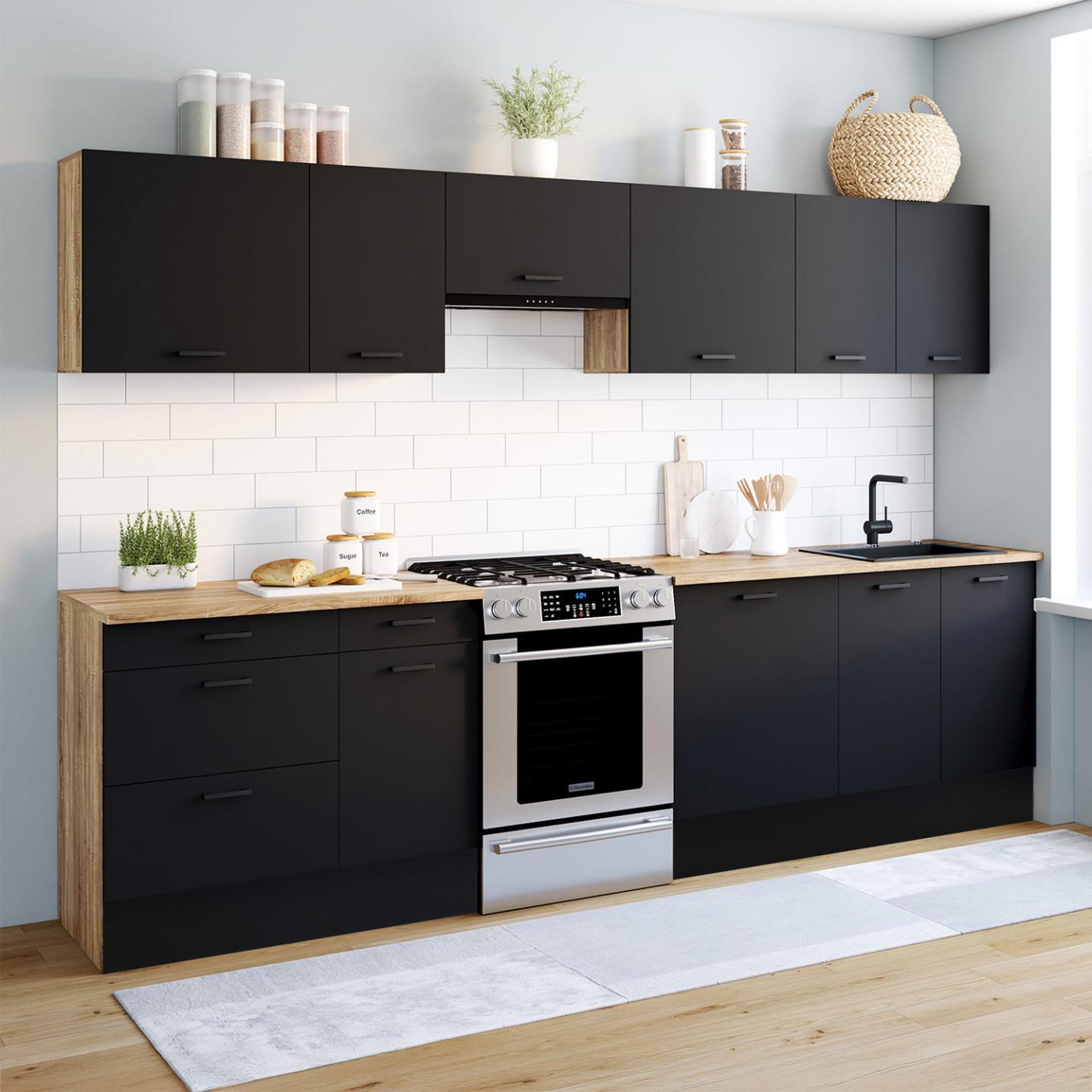 Voir la diapositive 2 : ID MARKET Cuisine complète casserolier 300 cm SUBTIL avec plan de travail 9 éléments bois et noir