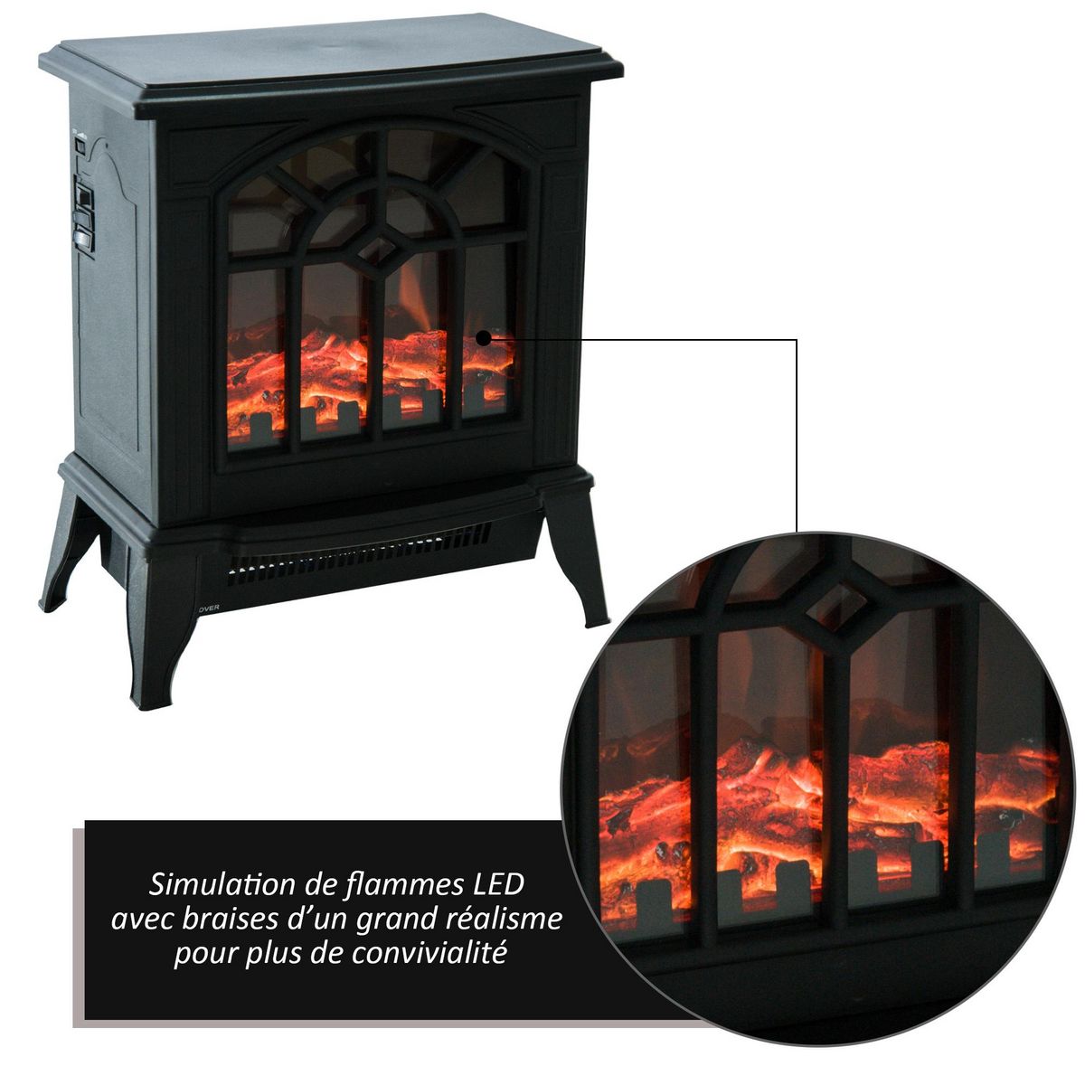 HOMCOM Cheminée électrique poêle style rétro 900-1800 W simulation flammes LED porte noir