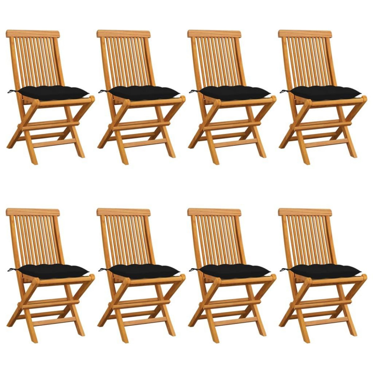 VIDAXL Chaises de jardin et coussins noir lot de 8 Bois de teck massif