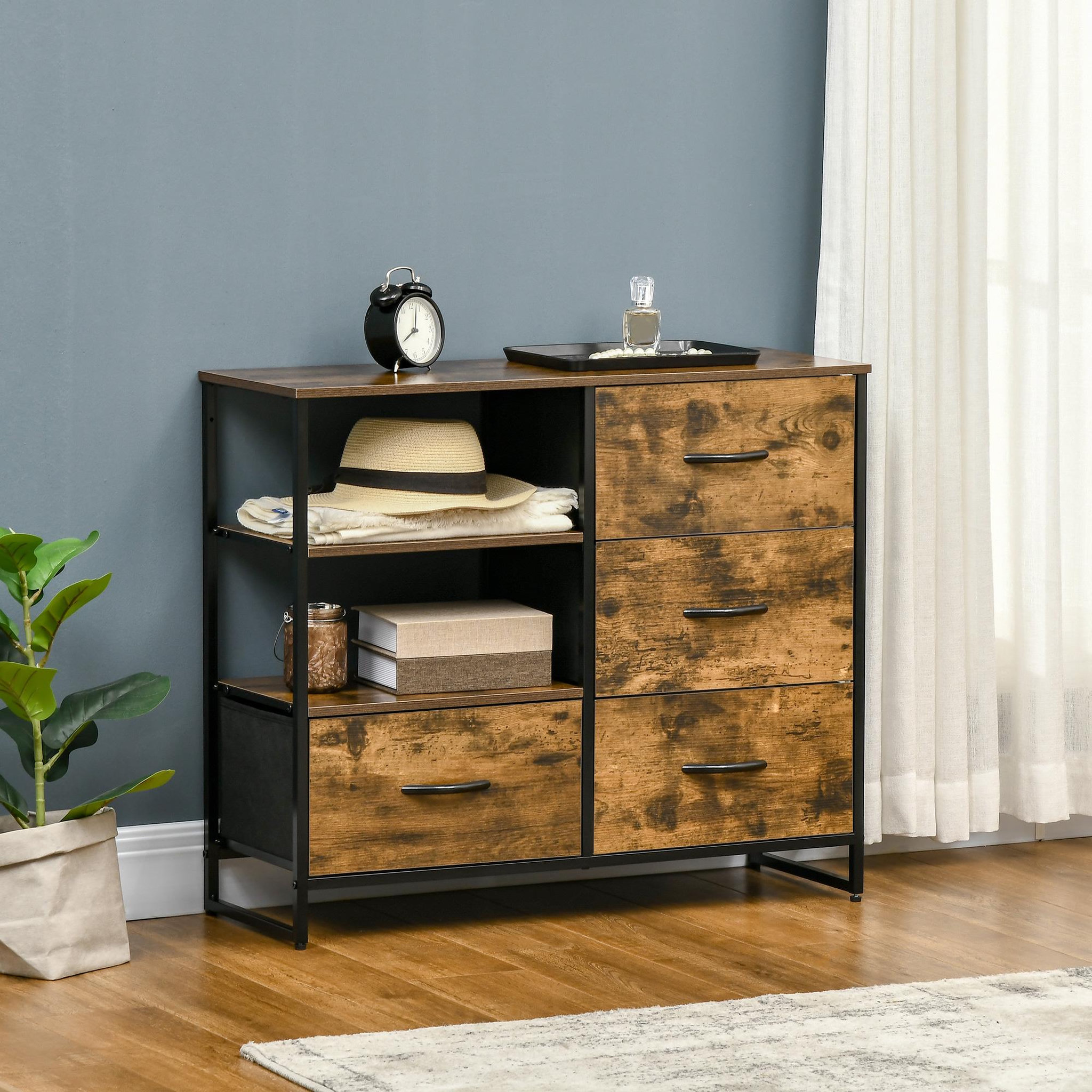 Voir la diapositive 4 : HOMCOM Buffet design industriel - 4 tiroirs, 2 niches, plateau - châssis acier noir MDF aspect bois avec veinage