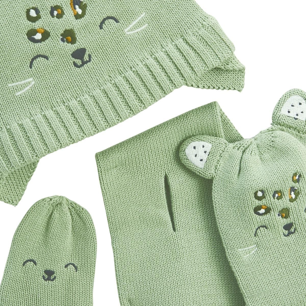 Petit Béguin Ensemble bonnet, moufles et écharpe bébé en tricot Boavista