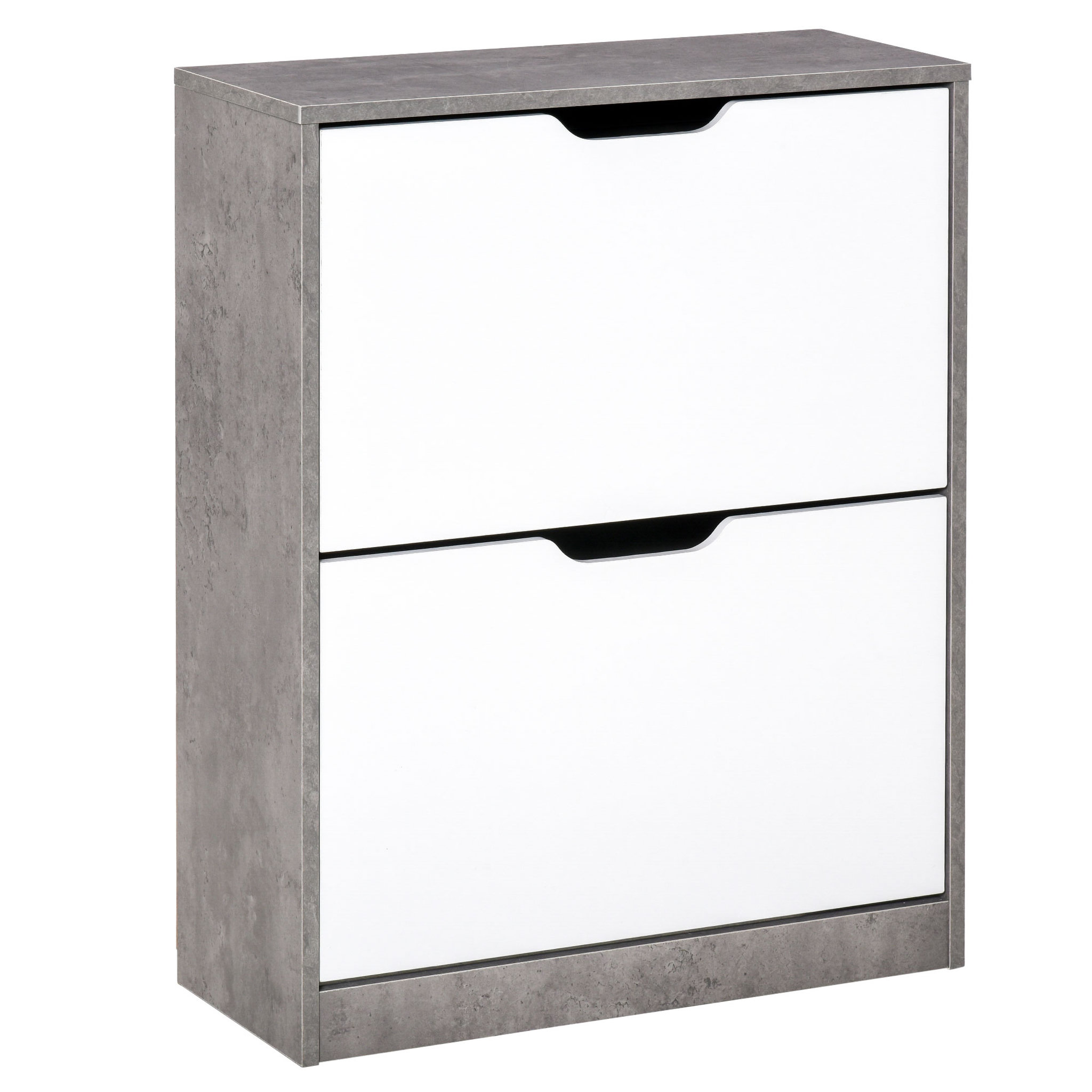 Voir la diapositive 1 : HOMCOM Armoire à chaussures meuble à chaussures dim. 62L x 26l x 81H cm 2 portes abattantes blanc effet béton ciré