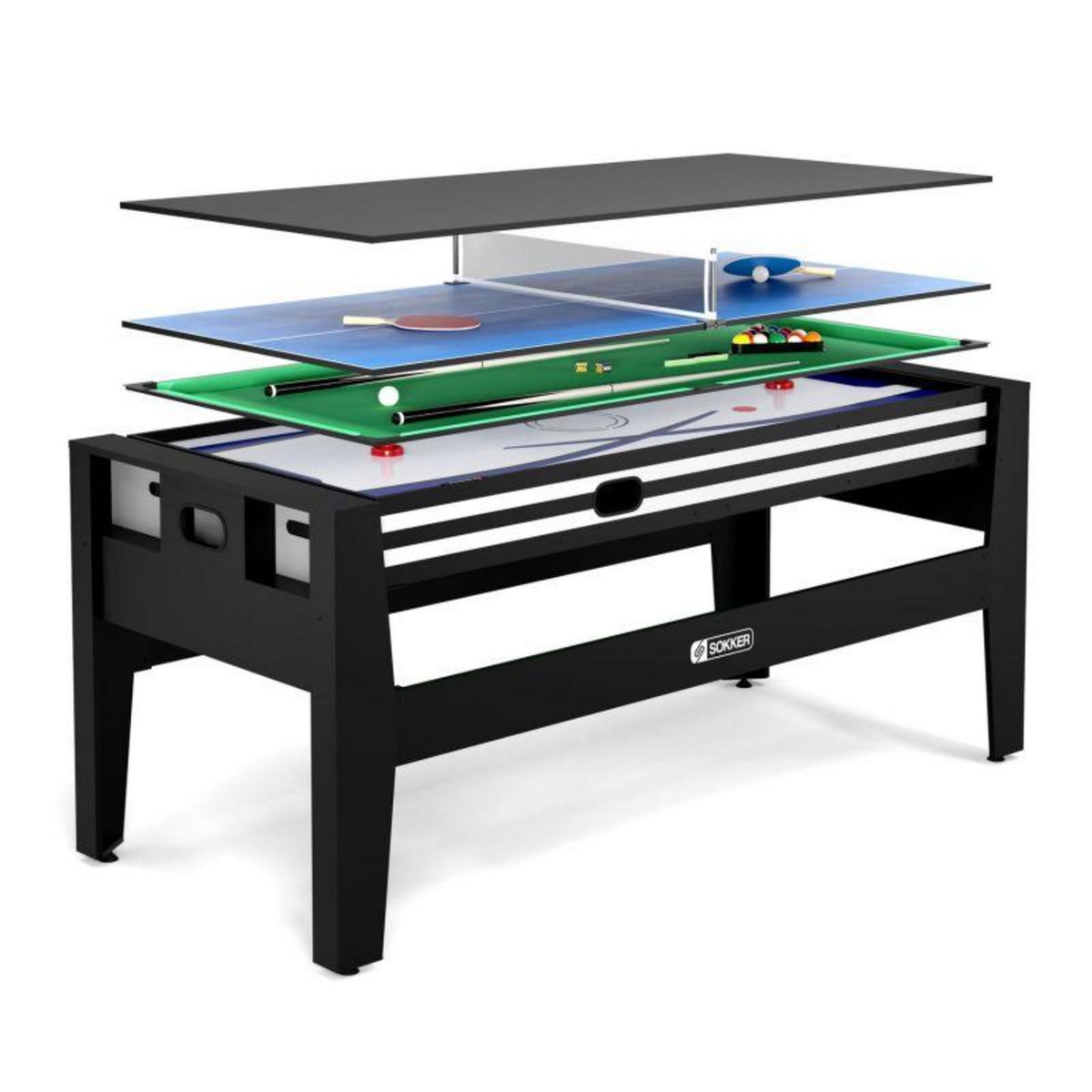 SOKKER Table multi jeux 4 en 1 GLADIATEUR Air Hockey, Billard, Ping Pong, Plateau - avec Accessoires
