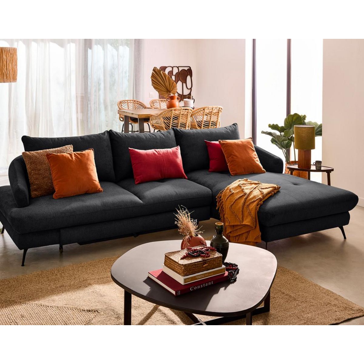 LISA DESIGN Ninon - canapé d'angle droit 4 places convertible avec coffre en tissu texturé