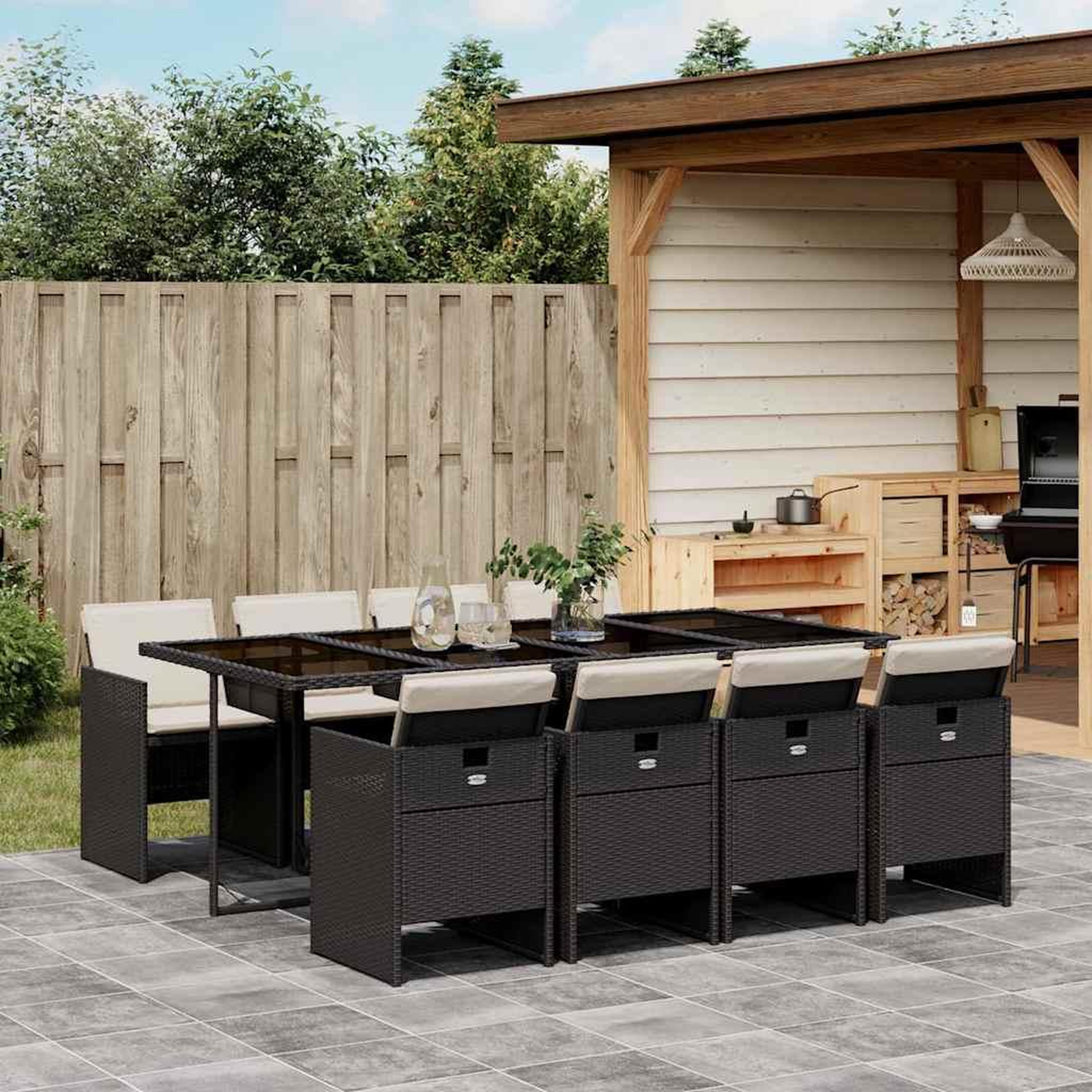 VIDAXL Ensemble a manger de jardin 9pcs coussins noir resine tressee