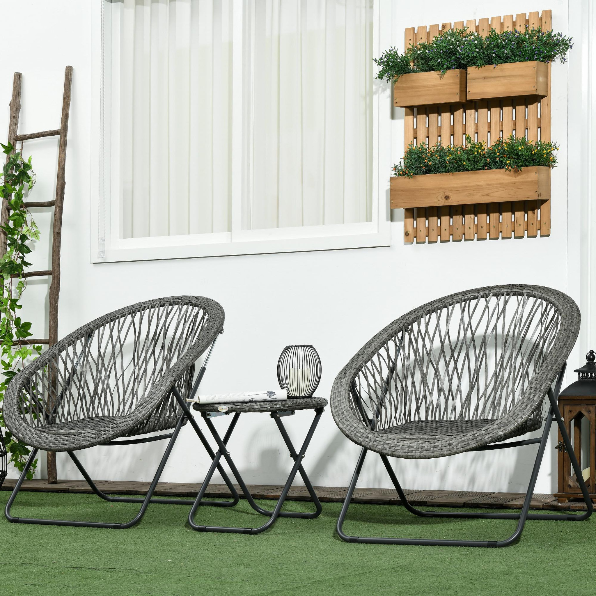Voir la diapositive 2 : OUTSUNNY Ensemble bistro de jardin style acapulco 3 pcs pliables - 2 fauteuils, table basse - acier résine tressée gris