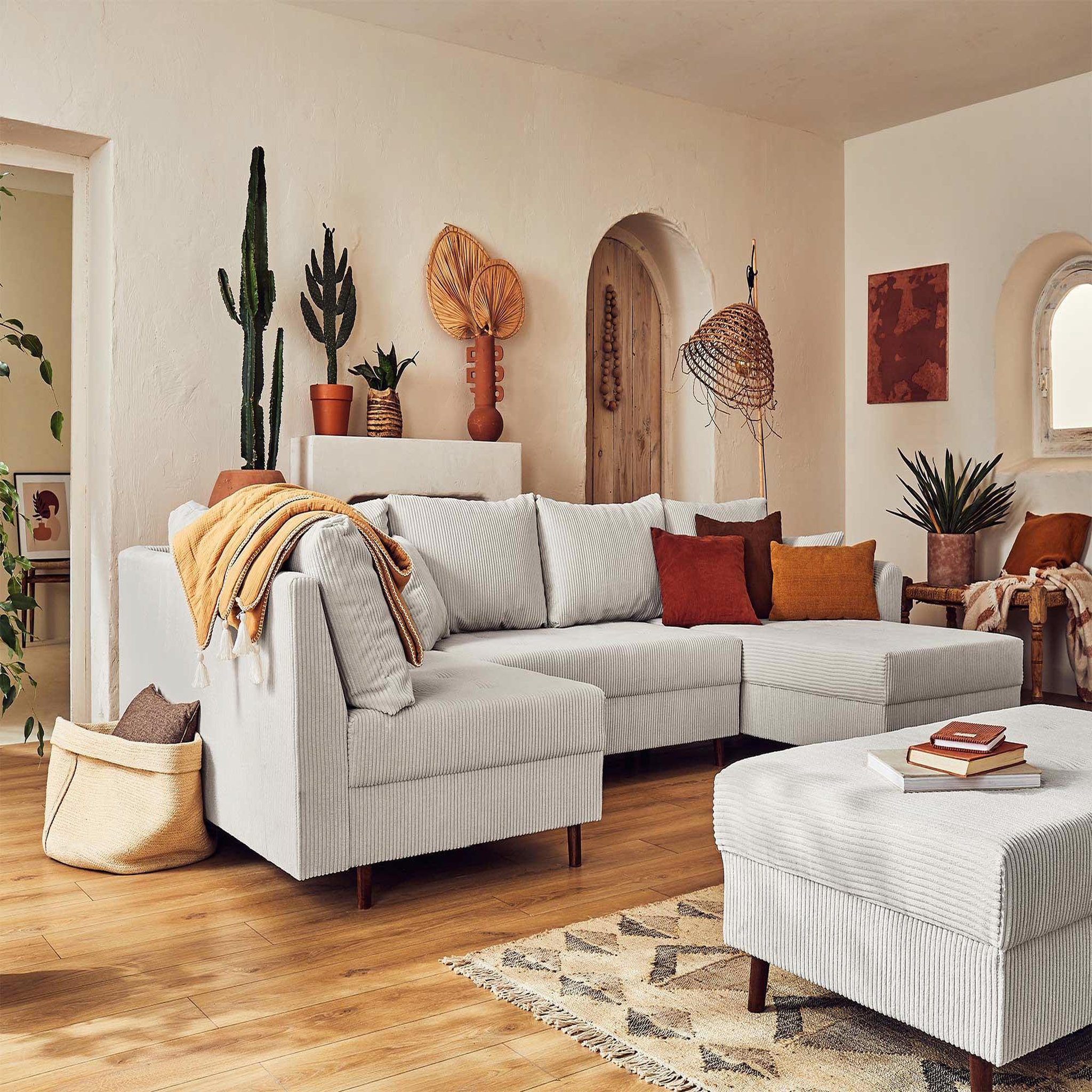 Voir la diapositive 2 : BEST MOBILIER Rune - canapé panoramique d'angle gauche - 7 places - avec pouf d'appoint - en velours côtelé