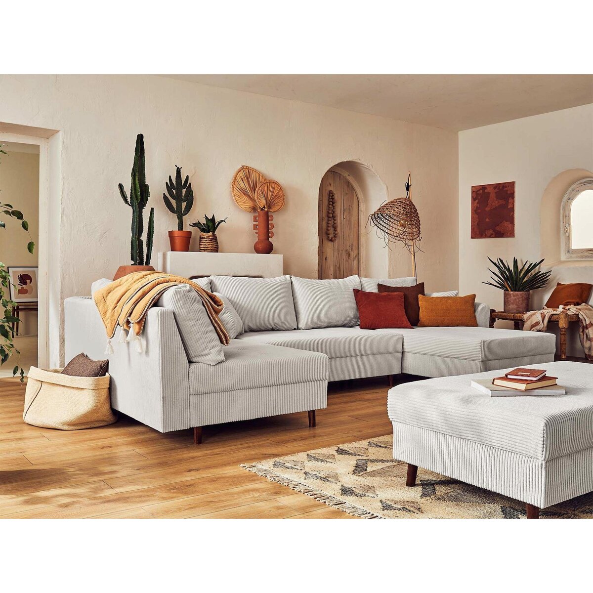 LISA DESIGN Rune - canapé panoramique d'angle gauche - 7 places - avec pouf d'appoint - en velours côtelé