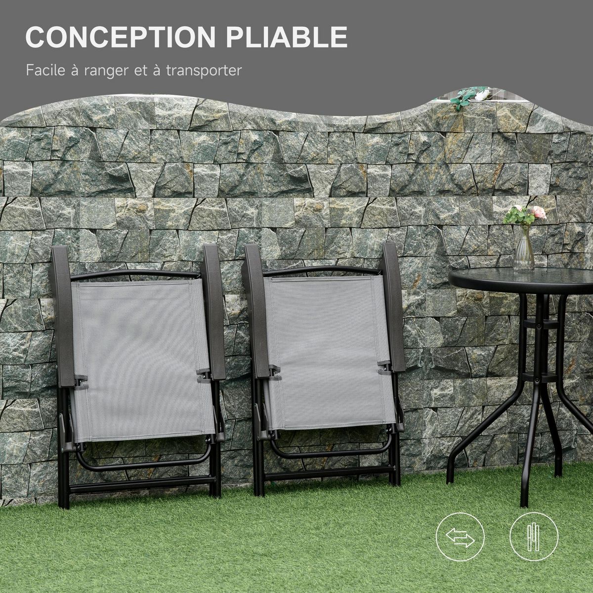 OUTSUNNY Ensemble de jardin 3 pièces 2 chaises inclinables multi-positions pliables + table ronde verre trempé métal époxy textilène gris
