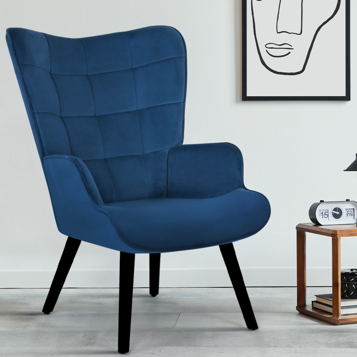 ID MARKET Fauteuil scandinave ANIA en velours bleu