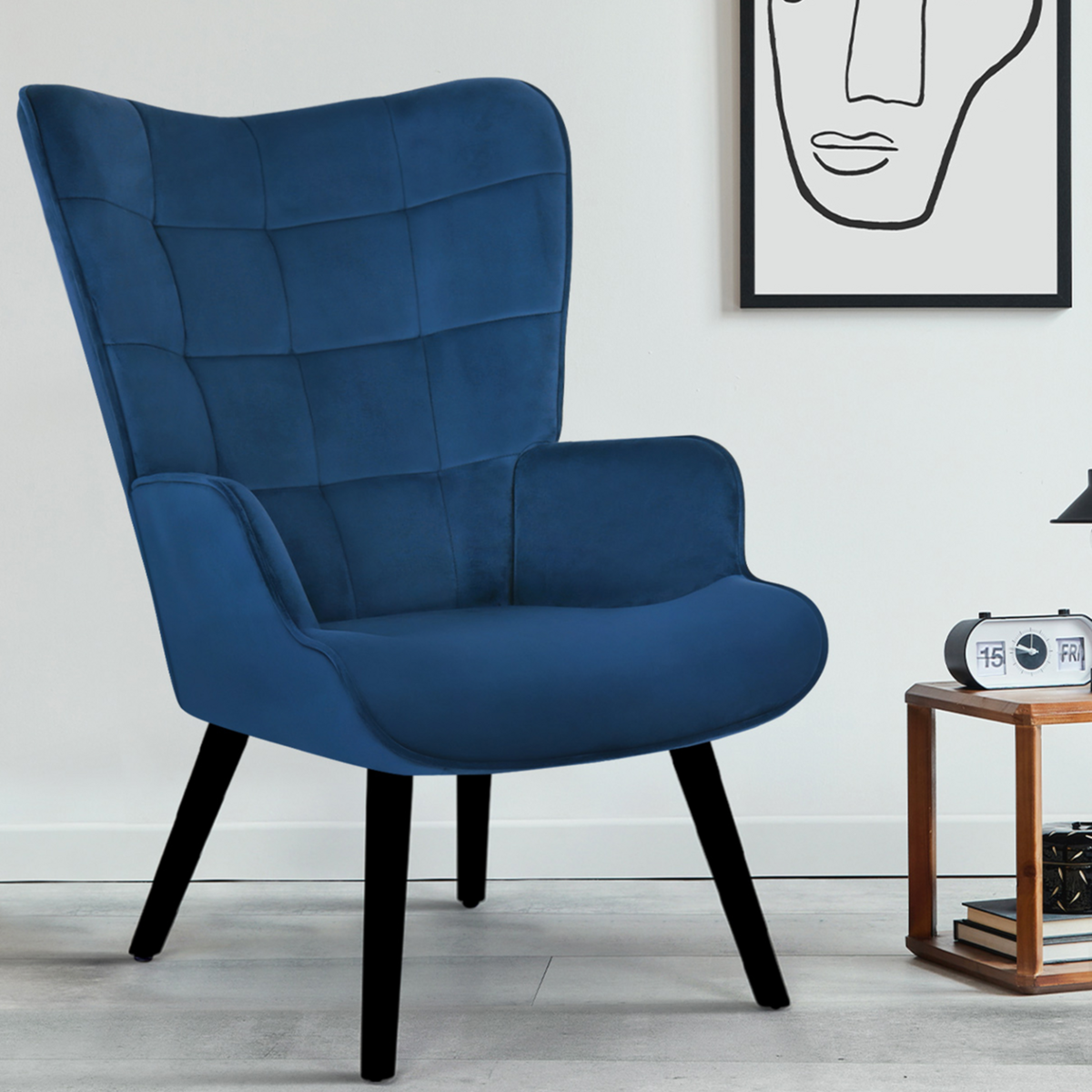 ID MARKET Fauteuil scandinave ANIA en velours bleu