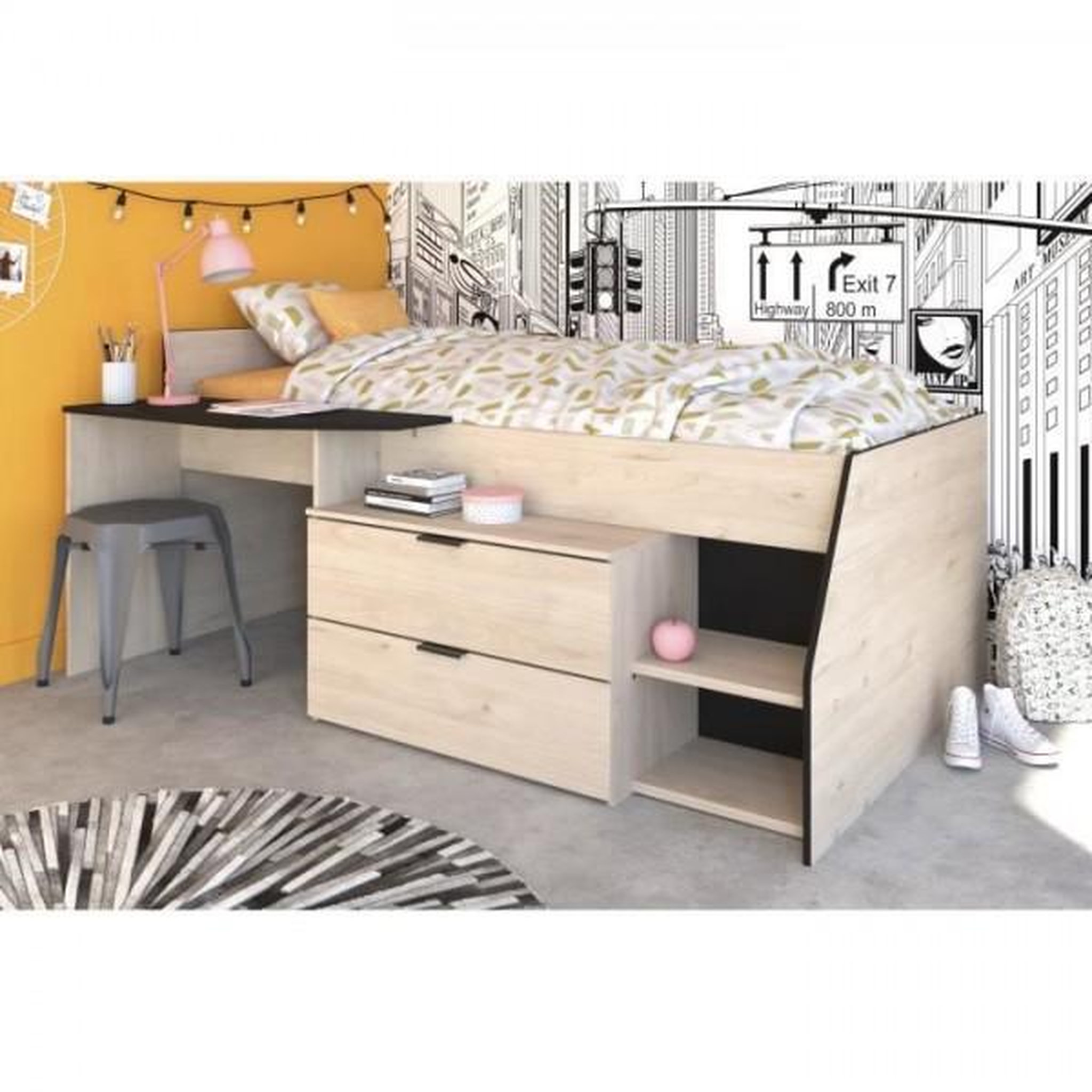 Voir la diapositive 3 : PARISOT Lit Combiné enfant PARISOT Kim - Chene Jackson et Noir - 90x190/200 cm
