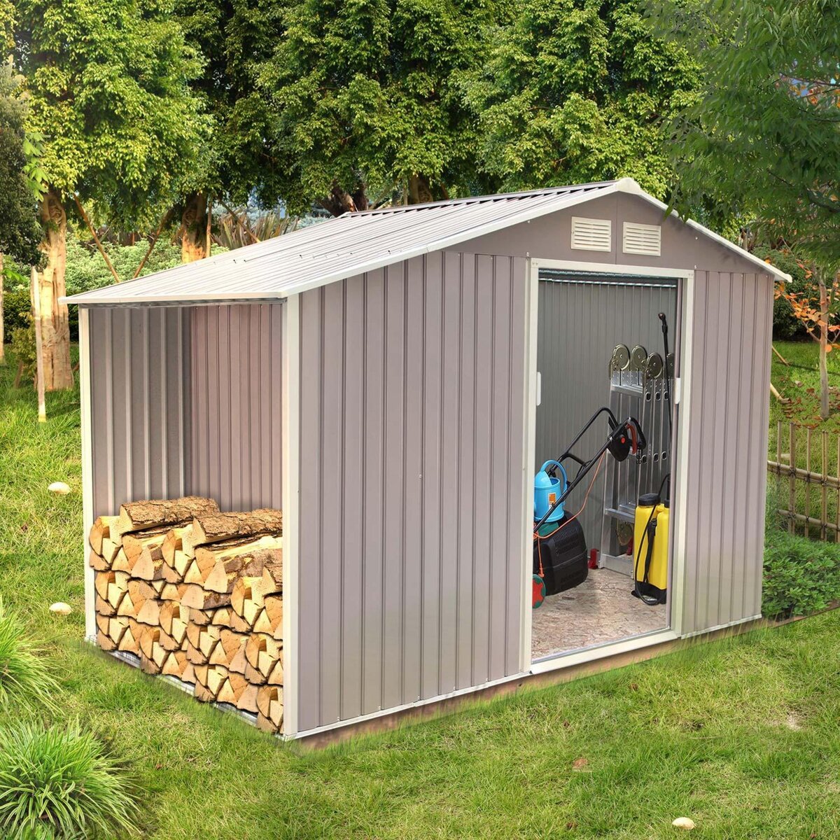 CONCEPT USINE Abri de jardin avec abri bûches 6,53 m² en acier gris VENTOUX