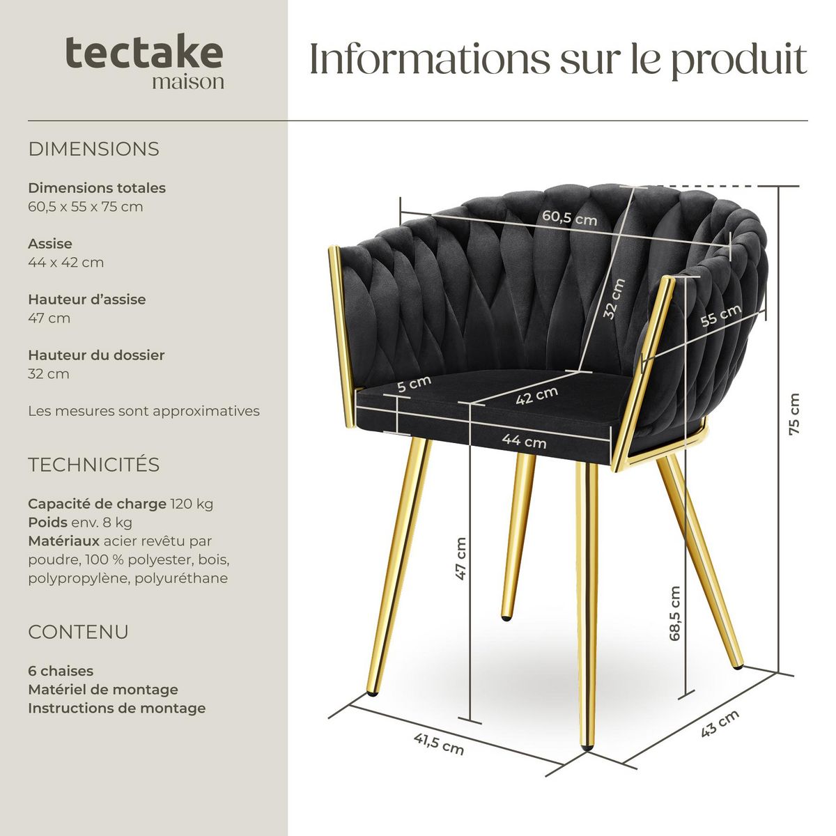 tectake Lot de chaises de salle à manger rembourrée avec revêtement en velours et design noué noir/or Lot de 6
