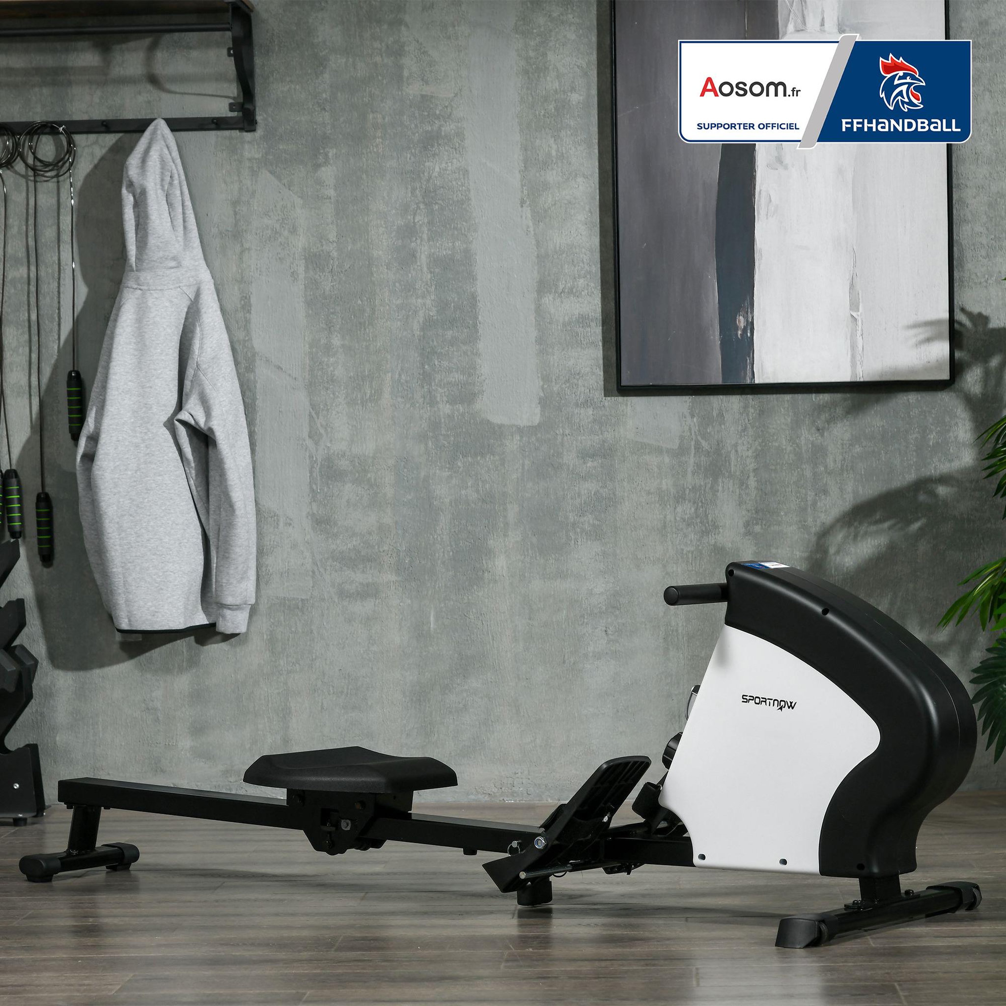 Voir la diapositive 2 : HOMCOM Rameur d'appartement magnétique pliable - aosom.fr x ffhandball - 8 niv. Résistance - écran lcd multifonction - noir blanc