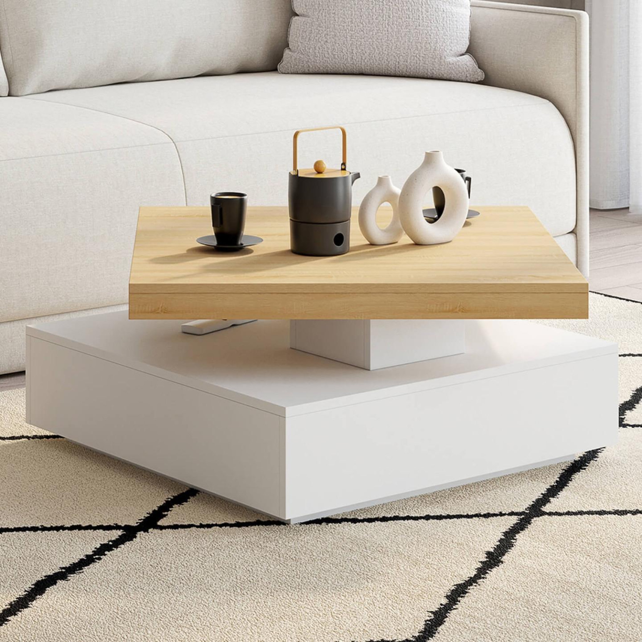 Voir la diapositive 3 : ID MARKET Table basse carrée pivotante thea 70 cm bois et blanc