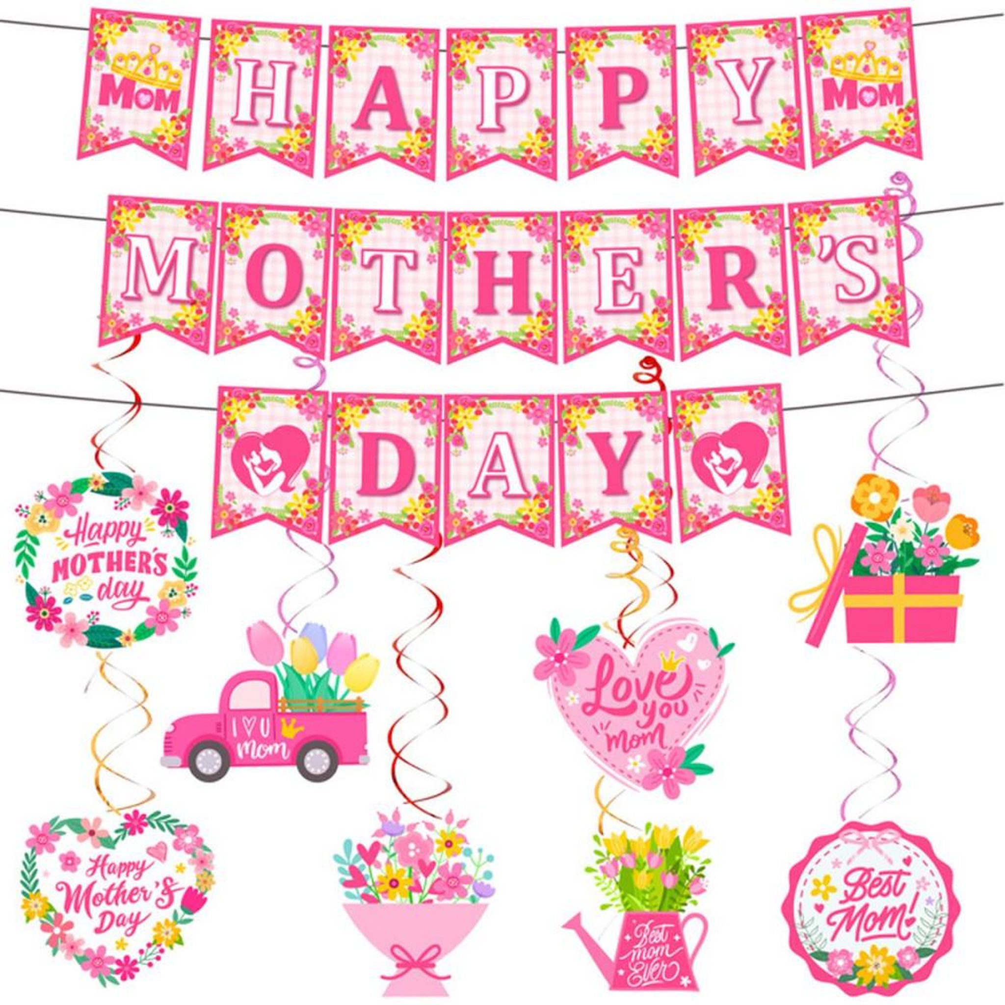 Décorations suspendues Fête des Mères : 1 bannière et 8 décorations spirales, multicolores, motifs fleurs et cœurs
