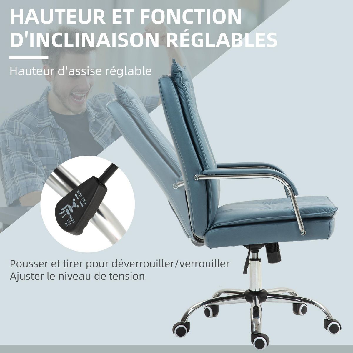 HOMCOM Chaise de bureau manager ergonomique design contemporain métal chromé tissu technique bleu