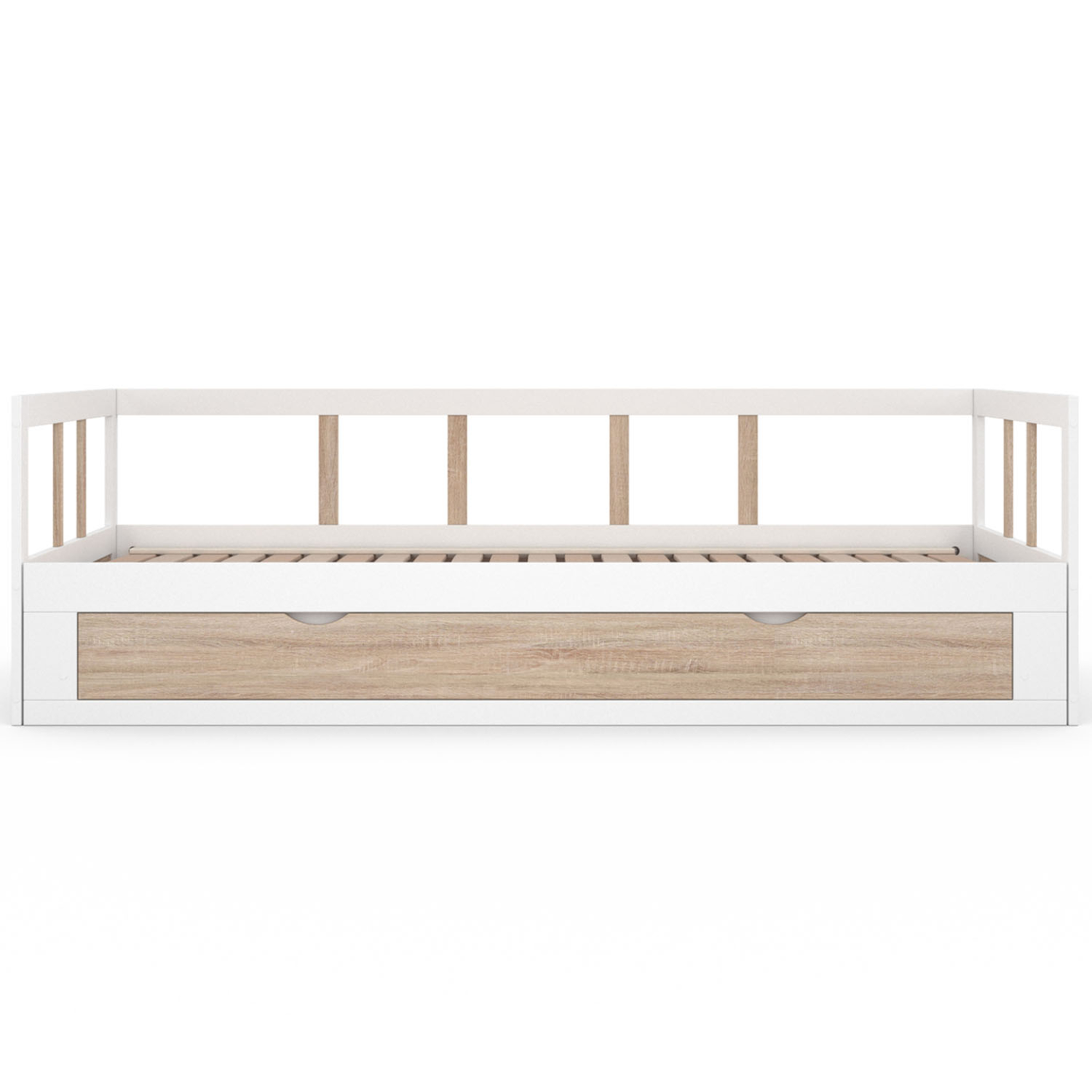 Voir la diapositive 3 : ID MARKET Lit banquette 90 x 190 cm zoya convertible 180 x 190 cm blanc et hêtre avec 1 tiroir de rangement