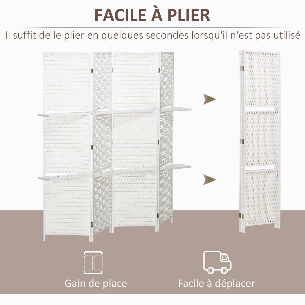 HOMCOM Paravent intérieur 4 panneaux 2 étagères pliables séparateur de pièce bois de pin bambou fibres de papier tressée blanc paille