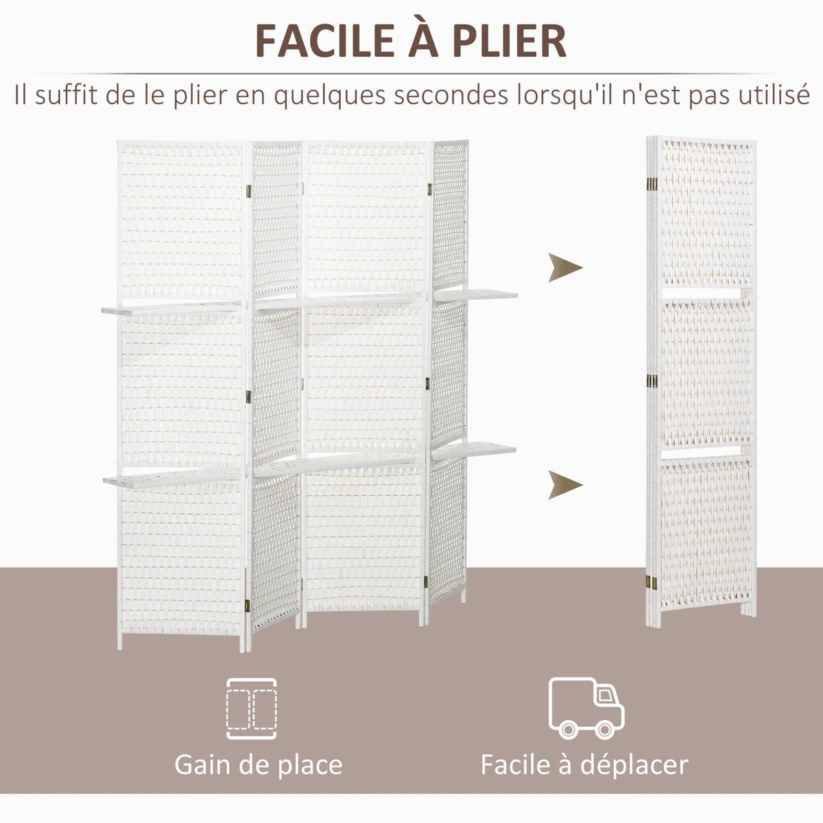 HOMCOM Paravent intérieur 4 panneaux 2 étagères pliables séparateur de pièce bois de pin bambou fibres de papier tressée blanc paille