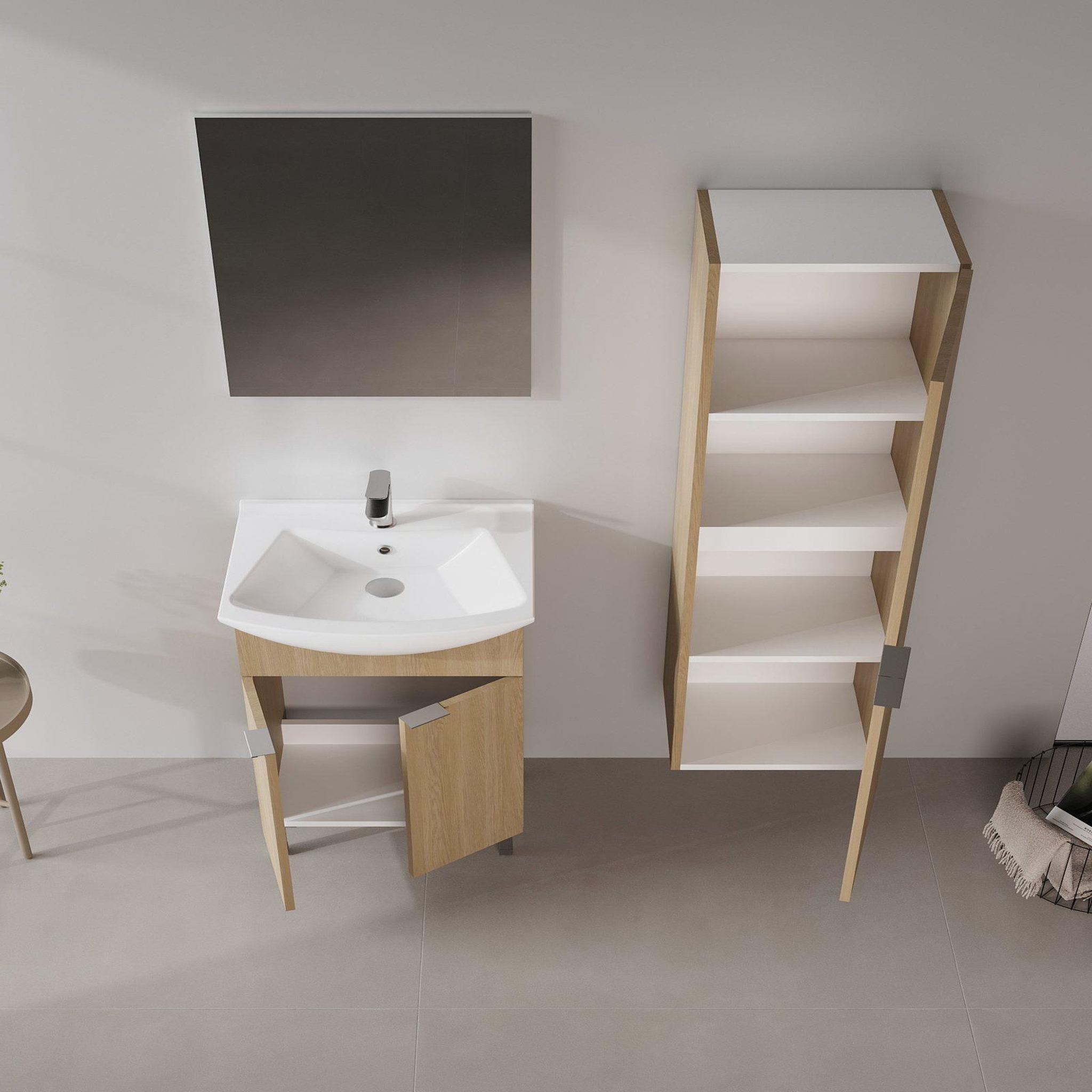 Voir la diapositive 3 : Habitat et Jardin Meuble avec simple vasque et miroir  Purus 55  - 55 x 2 x 83 cm - Oak