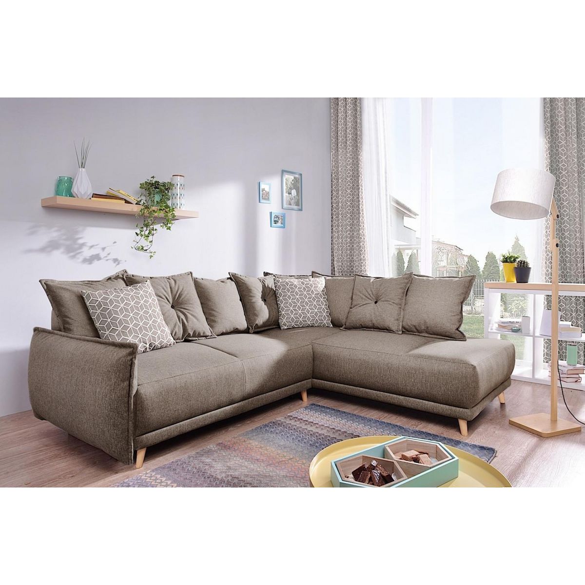 BEST MOBILIER Lena - canapé d'angle droit convertible- 5 places - latte - style scandinave - café latte