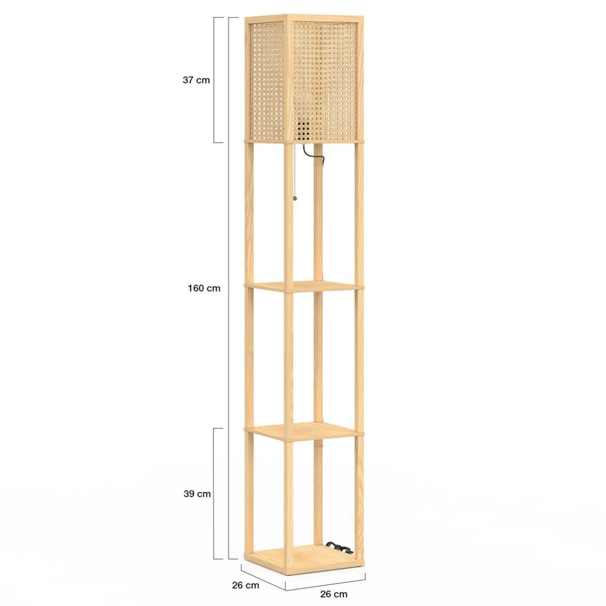 Voir la diapositive 4 : ID MARKET Lampadaire naturel en bois clair avec étagères et abat-jour carré effet cannage