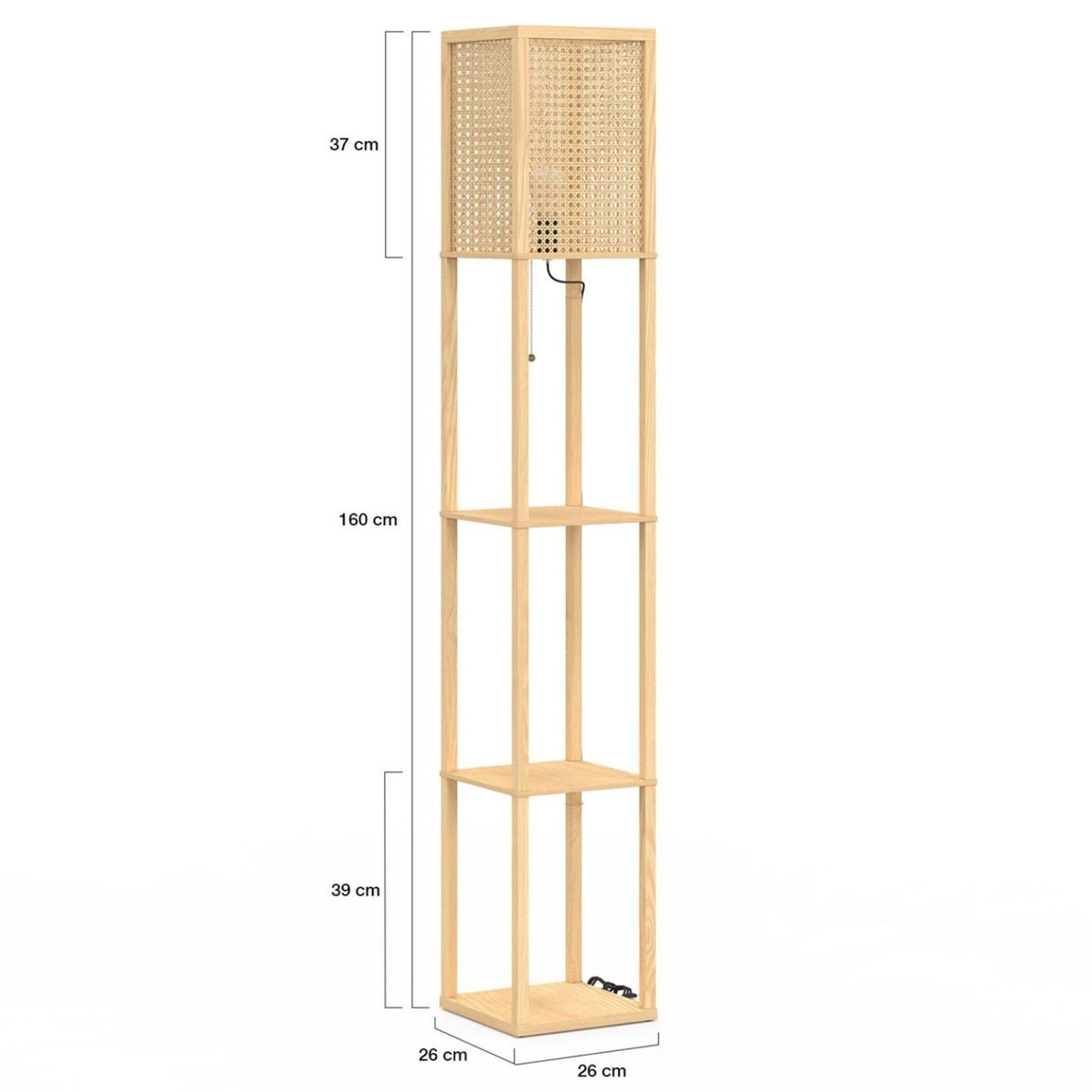 ID MARKET Lampadaire naturel en bois clair avec étagères et abat-jour carré effet cannage