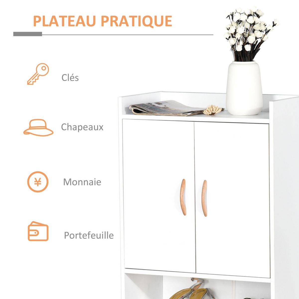 HOMCOM Meuble à chaussures scandinave placard 2 portes 4 étagères pieds effilés inclinés bois massif panneaux particules blanc