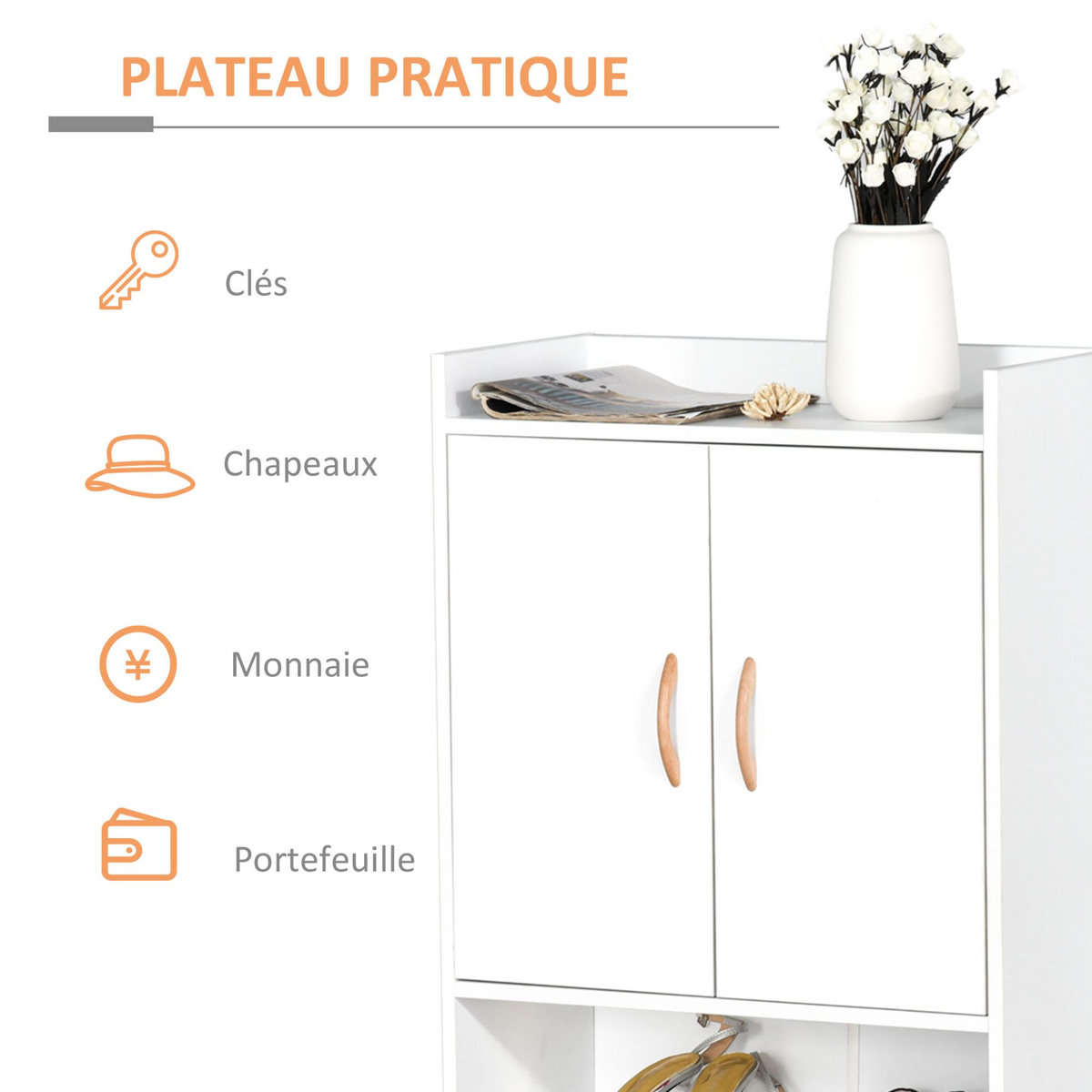 HOMCOM Meuble à chaussures scandinave placard 2 portes 4 étagères pieds effilés inclinés bois massif panneaux particules blanc
