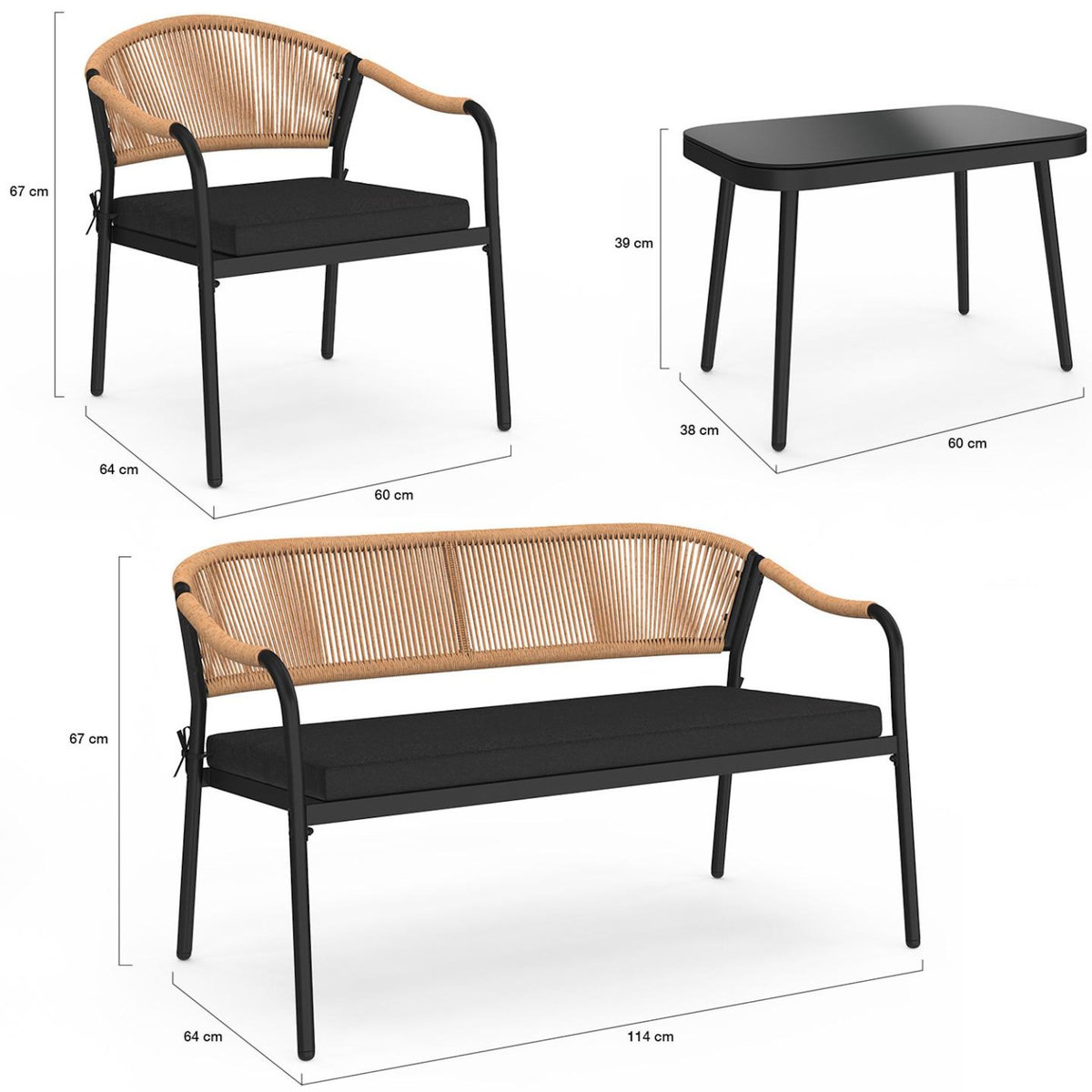ID MARKET Salon de jardin bas MADEIRA 4 places structure en métal noir, cordage et coussins noirs