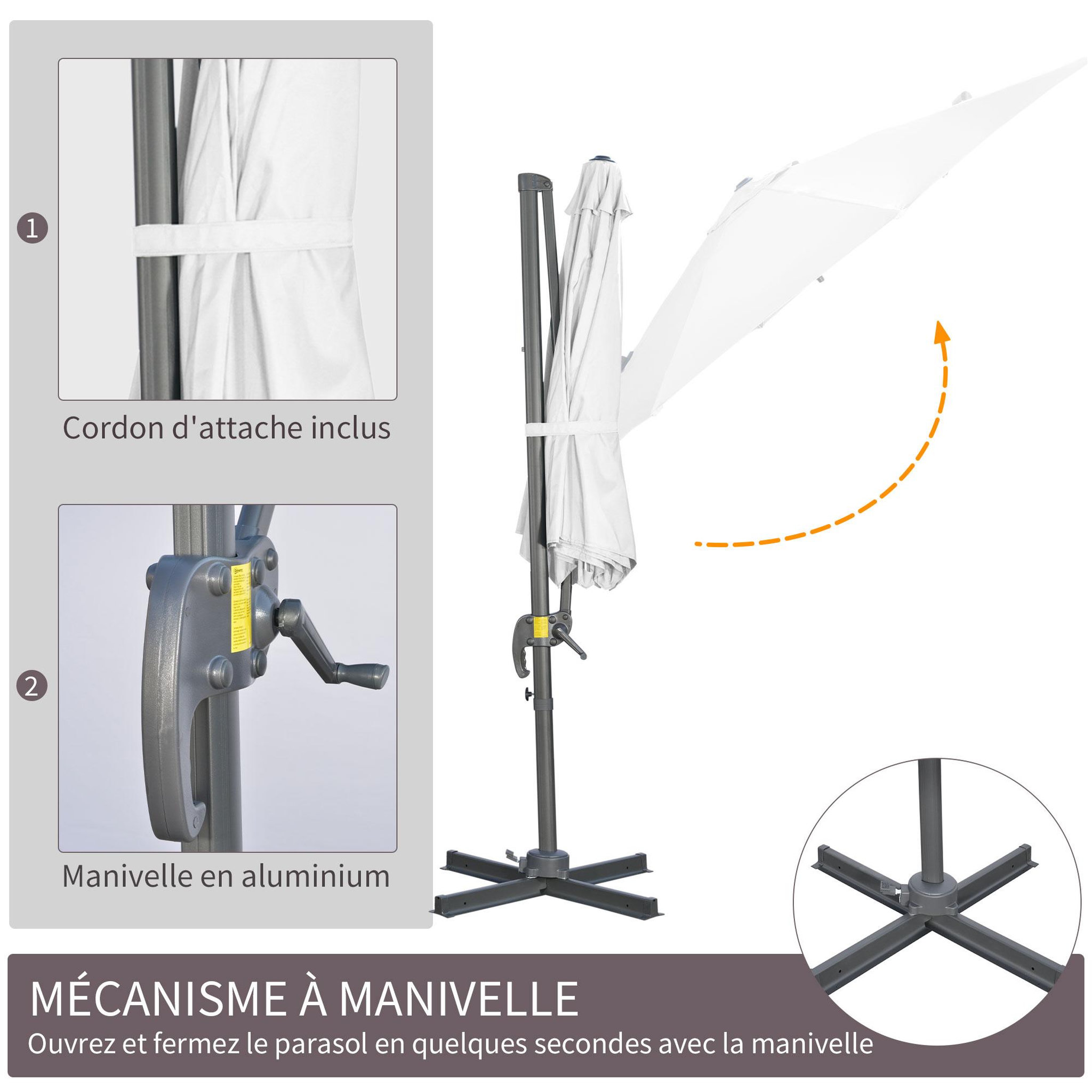 Voir la diapositive 6 : OUTSUNNY Parasol déporté octogonal inclinable manivelle avec pied en acier Ø 2,94 x 2,48H m blanc