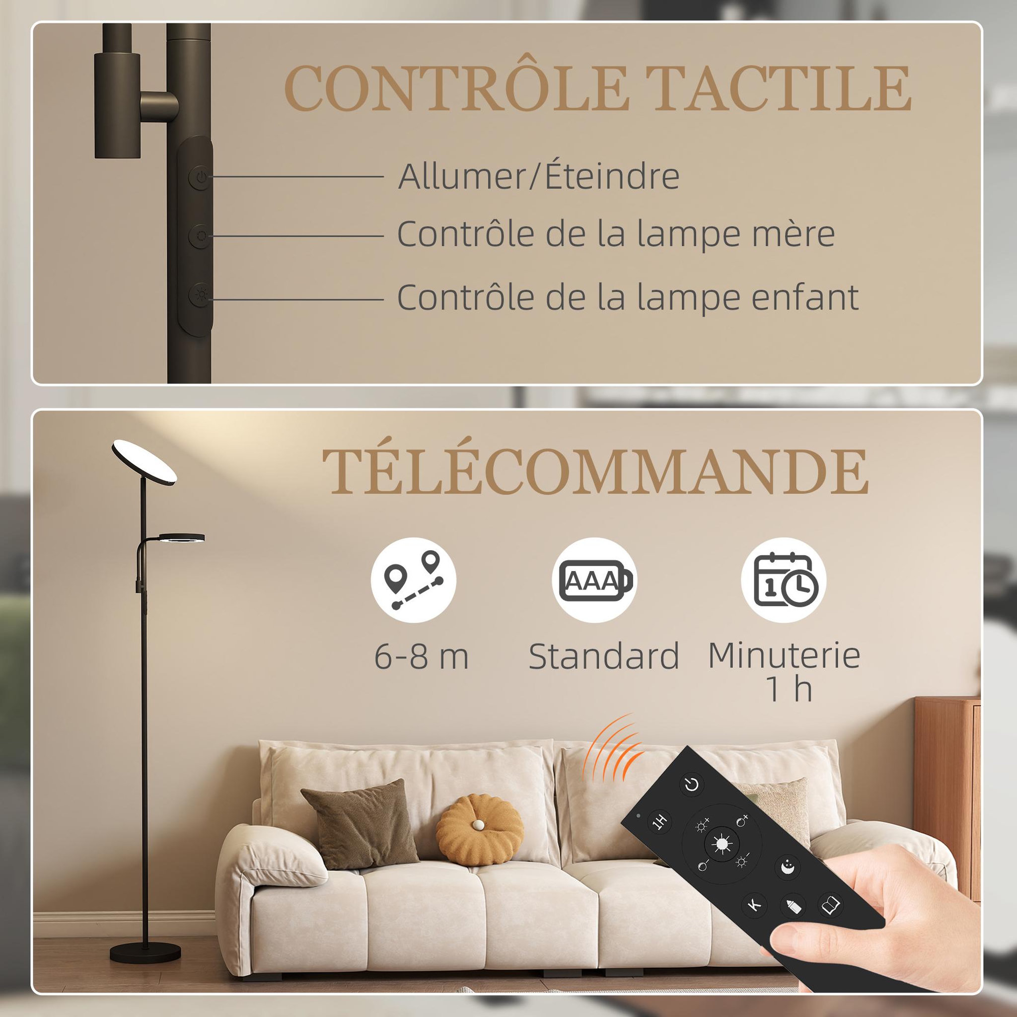 Voir la diapositive 5 : HOMCOM Lampadaire led 42w dimmable 2700k-6500k 4 couleurs variation continue 4 modes scène télécommande noir