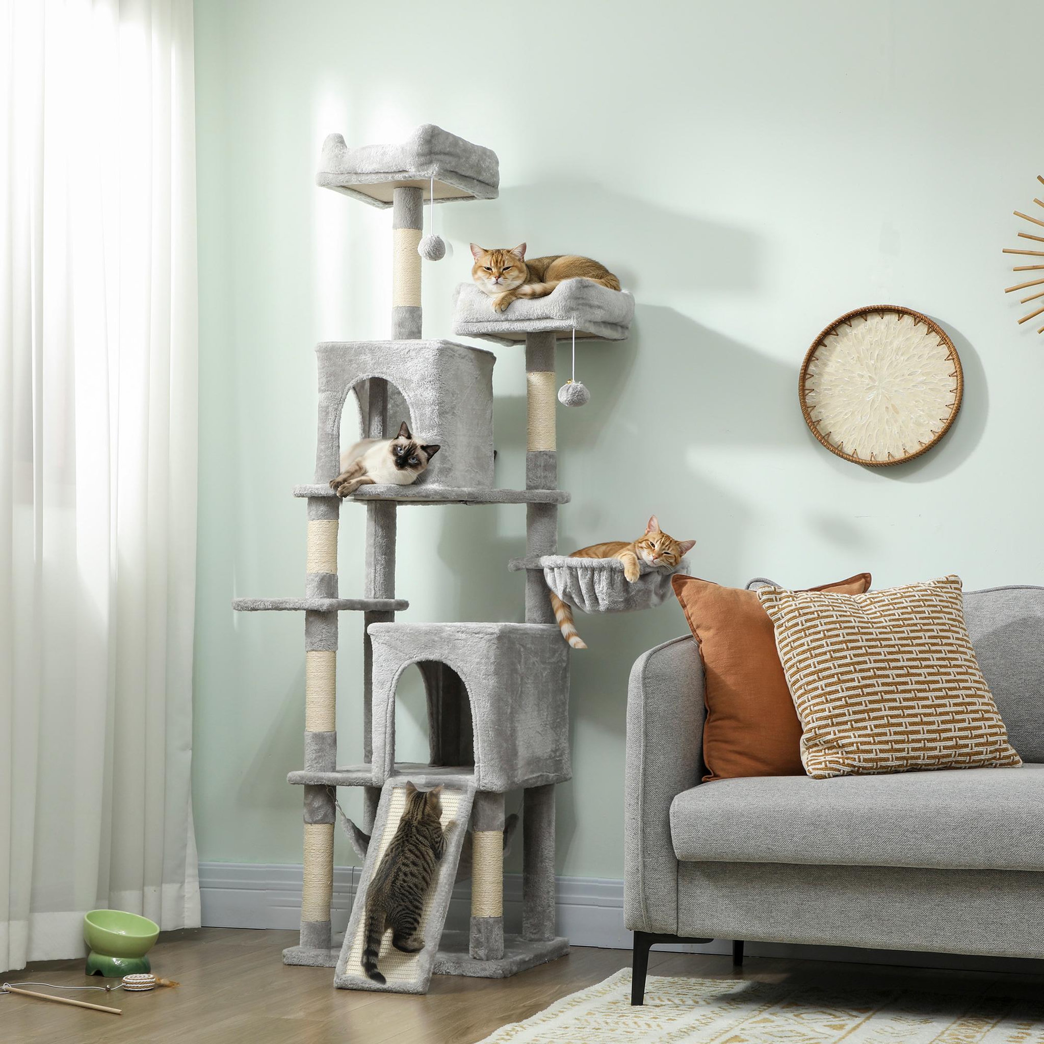 Voir la diapositive 2 : PAWHUT Arbre à chat design grande taille h.177cm équipements jeux multiples sisal naturel peluche gris clair
