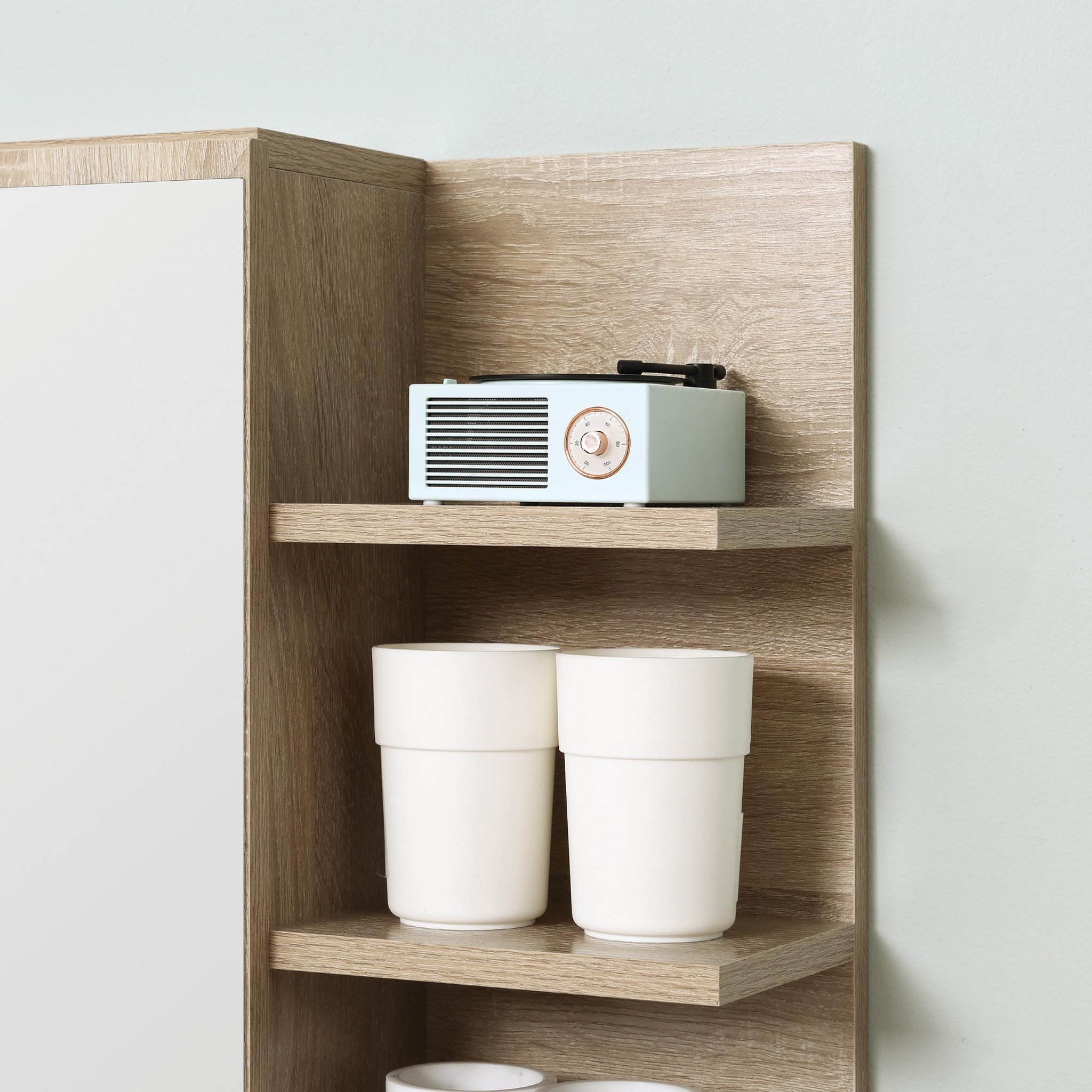 Voir la diapositive 6 : KLEANKIN Armoire miroir de salle de bain avec étagère - 3 étagères latérales - kit installation murale fourni - panneaux particules aspect chêne clair