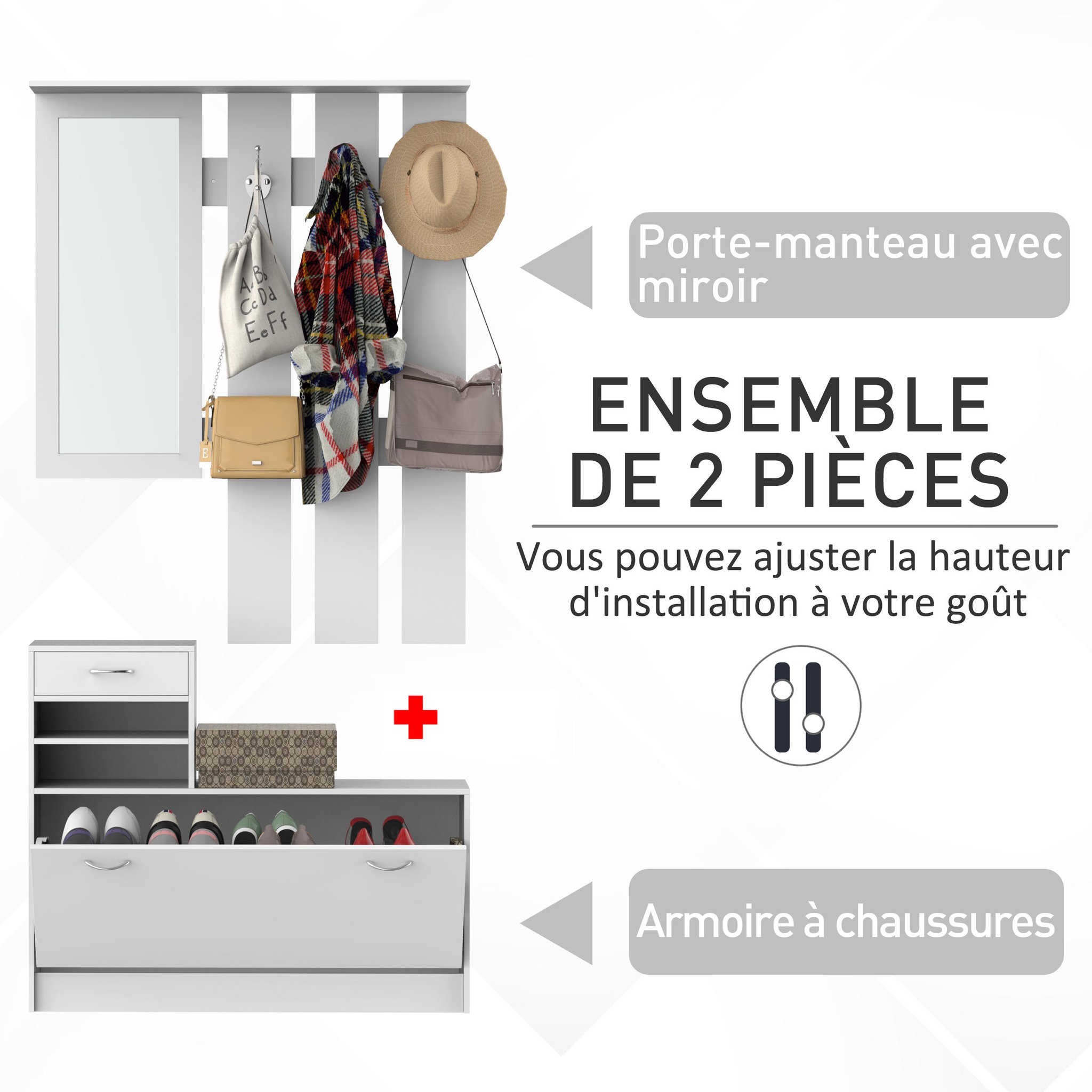Voir la diapositive 4 : HOMCOM Ensemble de meubles d'entrée design contemporain : meuble chaussures, miroir et panneau porte-manteau panneaux de particules blanc