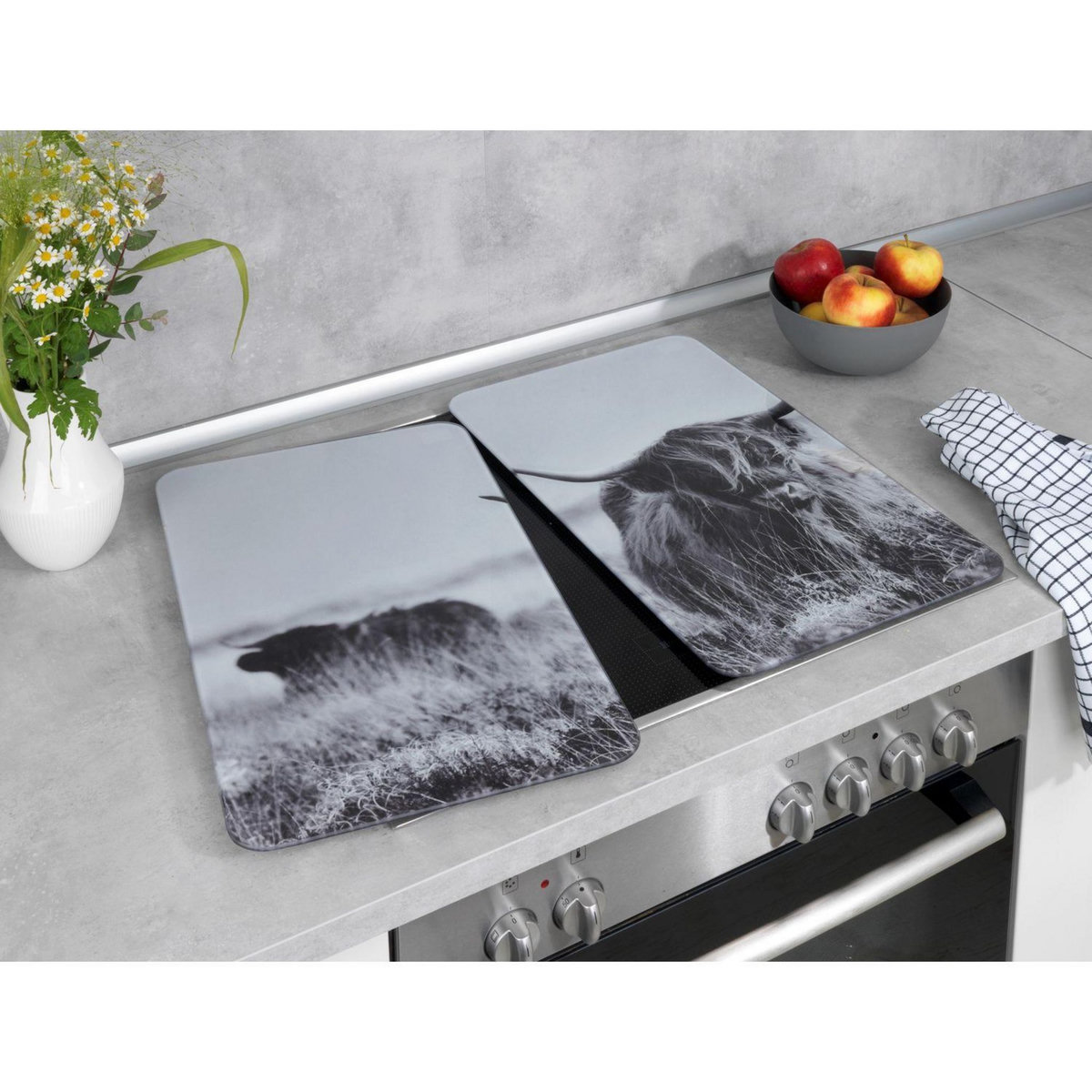 Wenko Lot de 2 Plaques de protection universelle en verre trempé Highland Cattle - Longueur 52 cm x Largeur 30 cm