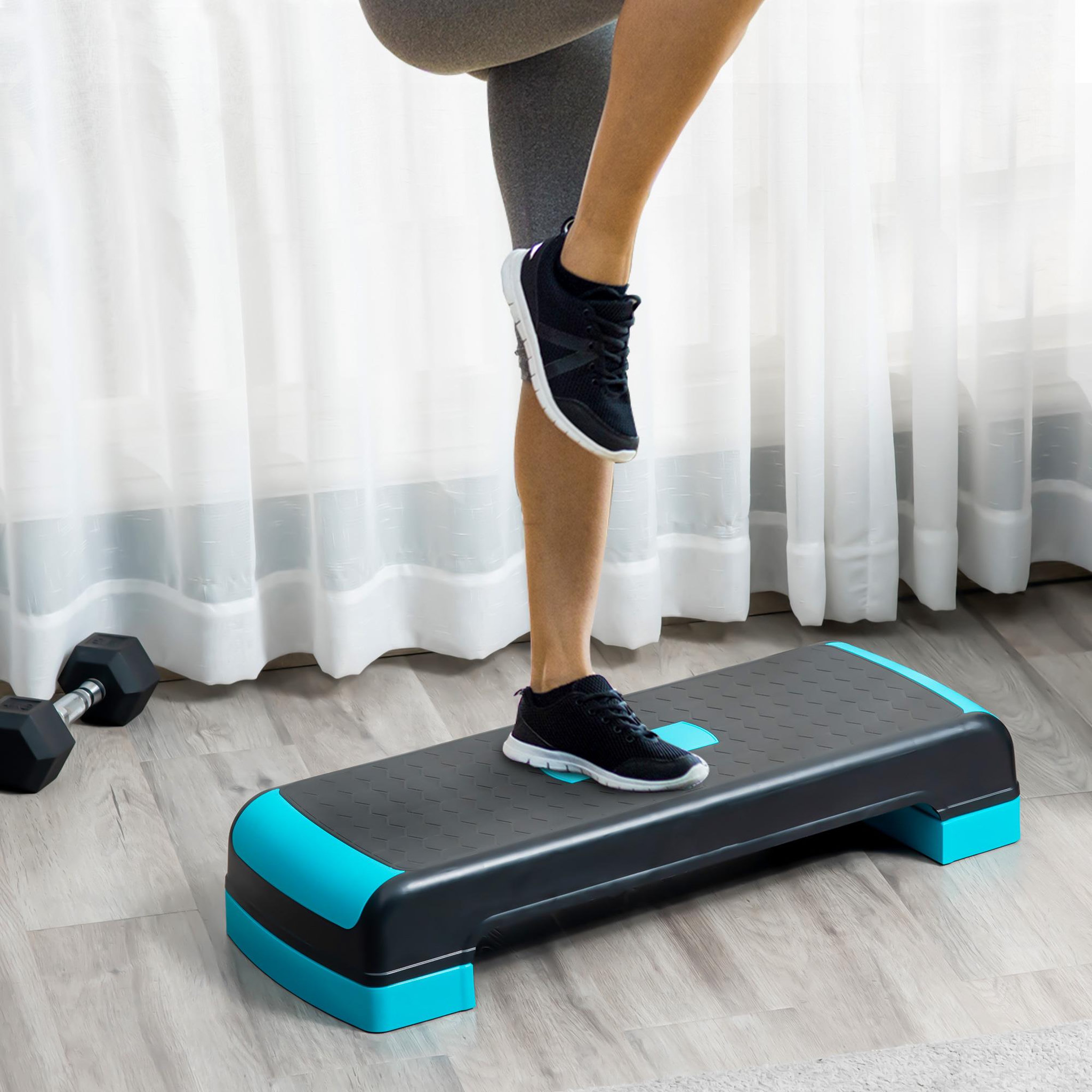 Voir la diapositive 2 : HOMCOM Stepper fitness aerobic hauteur reglable surface antiderapante dim. 78l x 28l x 10/15/20h cm pp noir bleu