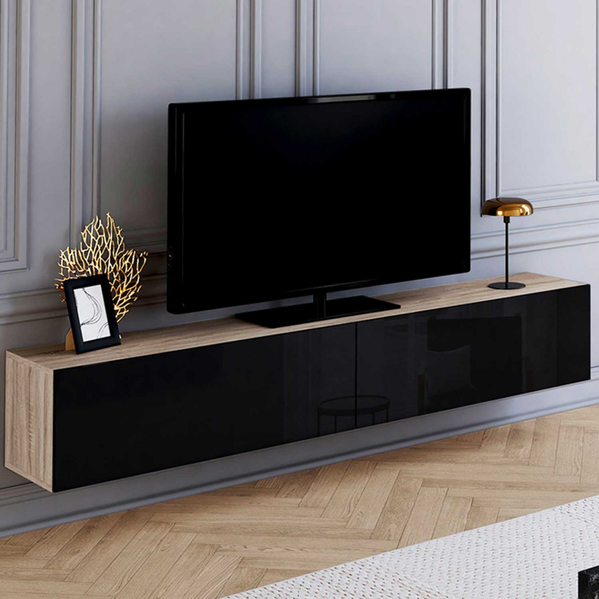ID MARKET Meuble TV 180 cm suspendu ELIO 2 portes bois et noir