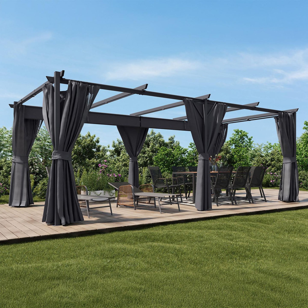 ID MARKET Pergola édition intégrale moustiquaire toit rétractable 3x6 M et 6 rideaux gris