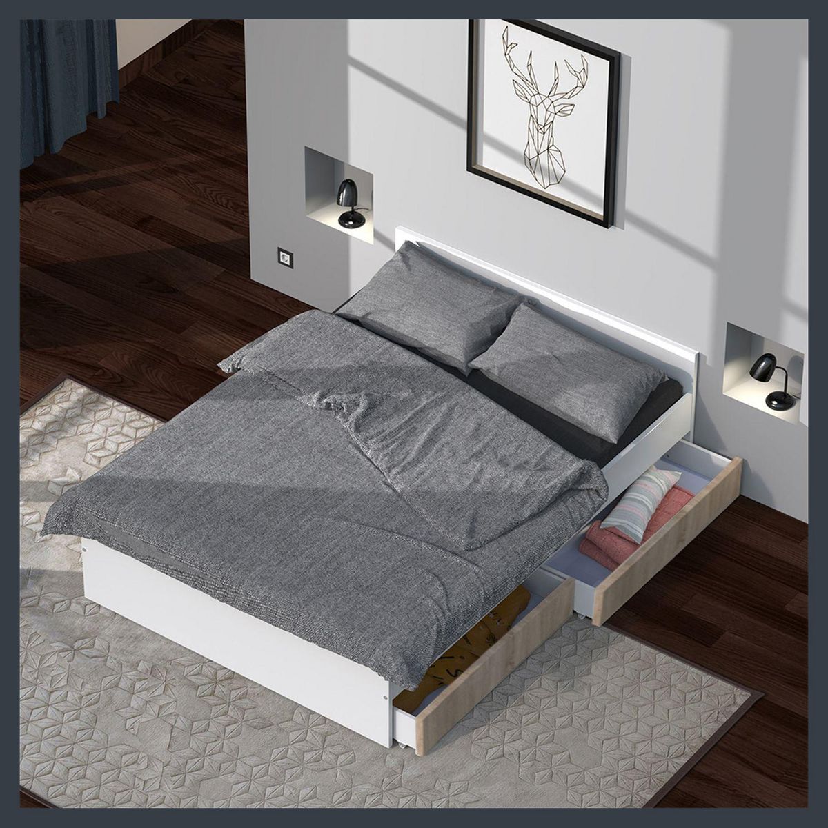 Lit avec rangements 140x190 cm, 2 tiroirs et tête de lit CAMA