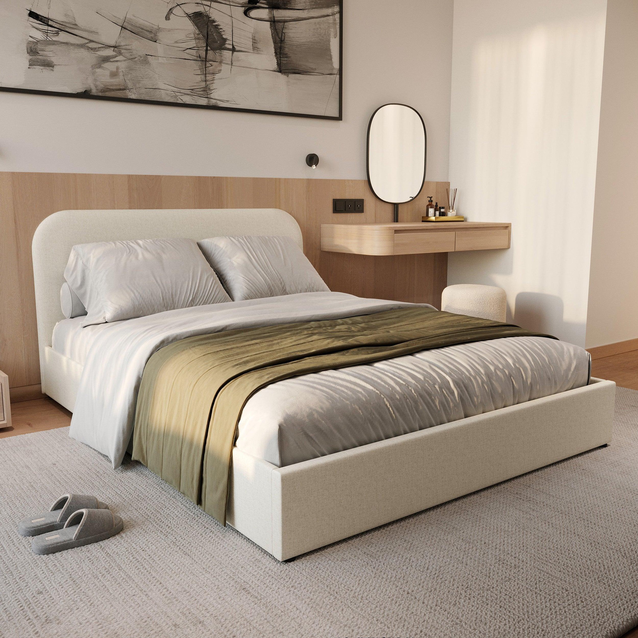 Voir la diapositive 2 : MAISON PAVANE Lit double avec coffre 140x190 cm en tissu gris/beige-tilly