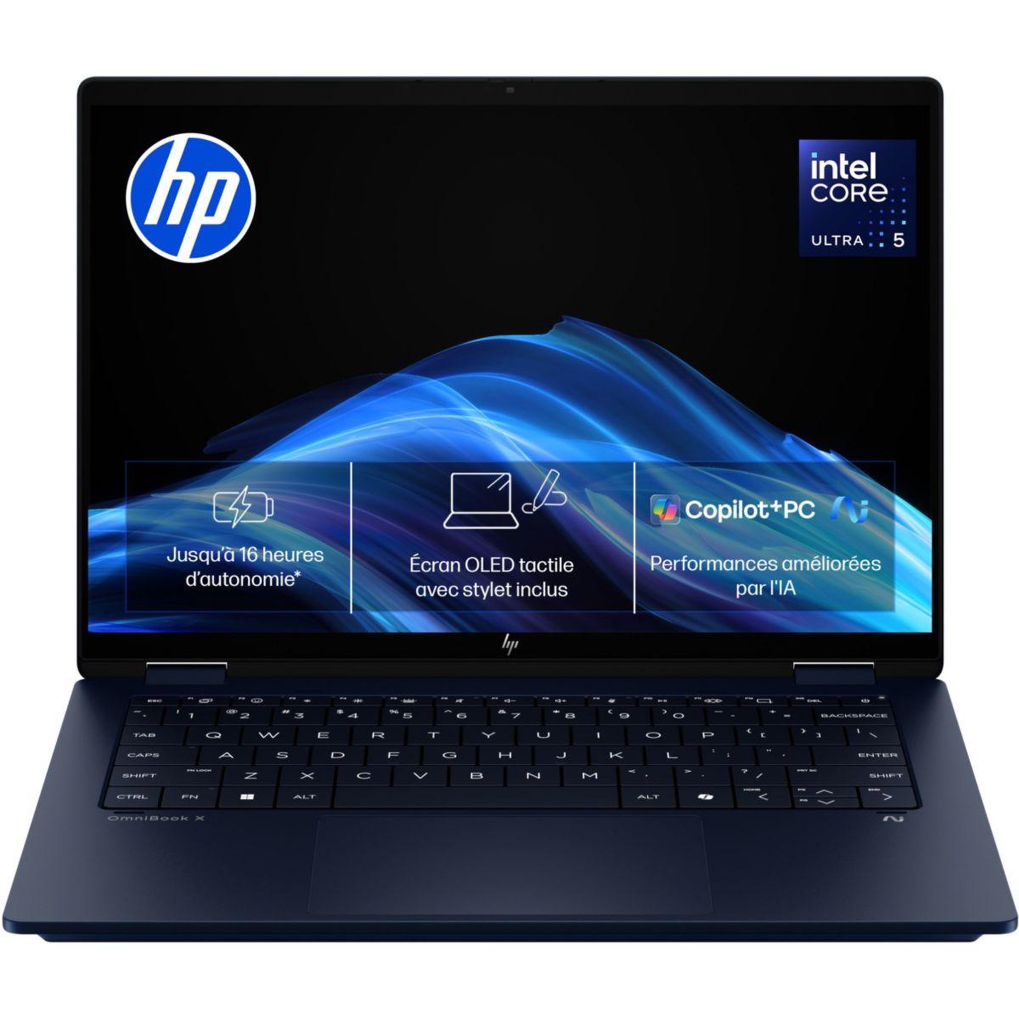 Voir la diapositive 1 : HP Pc hybride omnibook x flip fm0014nf 14  oled ultra 5 226v 16 go ram ddr5 ssd 512 go stylet inclus copilot+pc